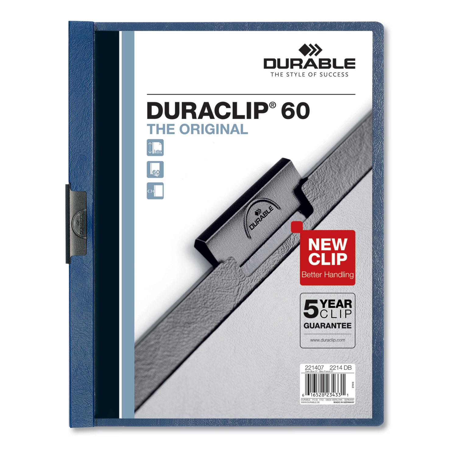 Durable 221407 Vinyl DuraClip Report Cover, Letter, Holds 60 Pages, Clear/Dark Blue, 25/Box (DBL221407) 
