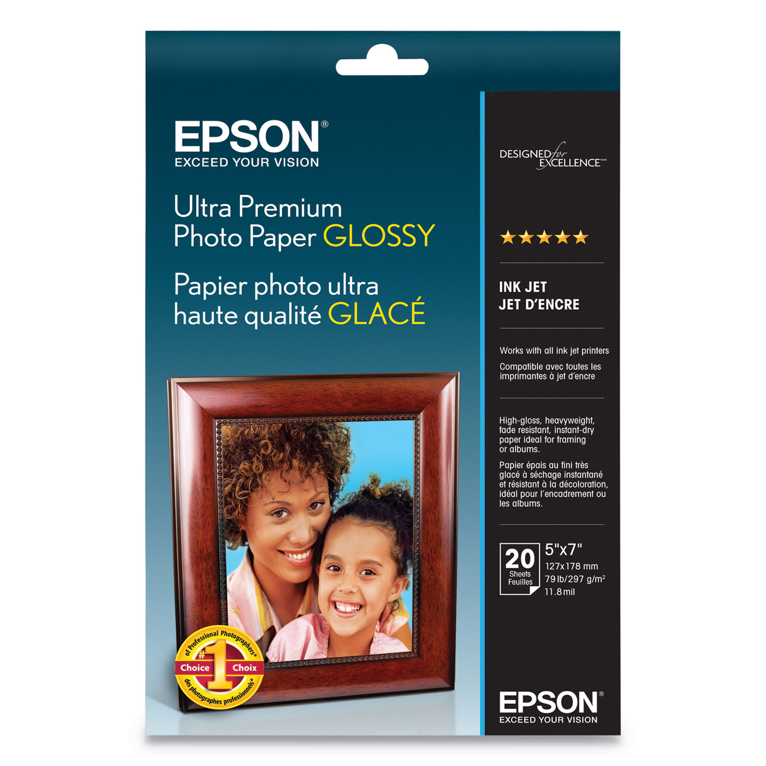 Ultra Premium Photo Paper Glossy, 11.8 mil, 5 x 7, Glossy White, 20/Pack