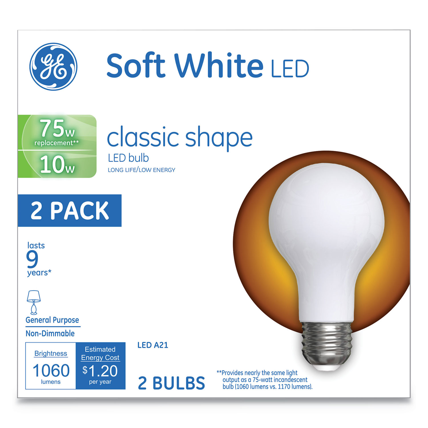  GE 31180 Classic LED Soft White Non-Dim A21, 10 W, 2/Pack (GEL31180) 