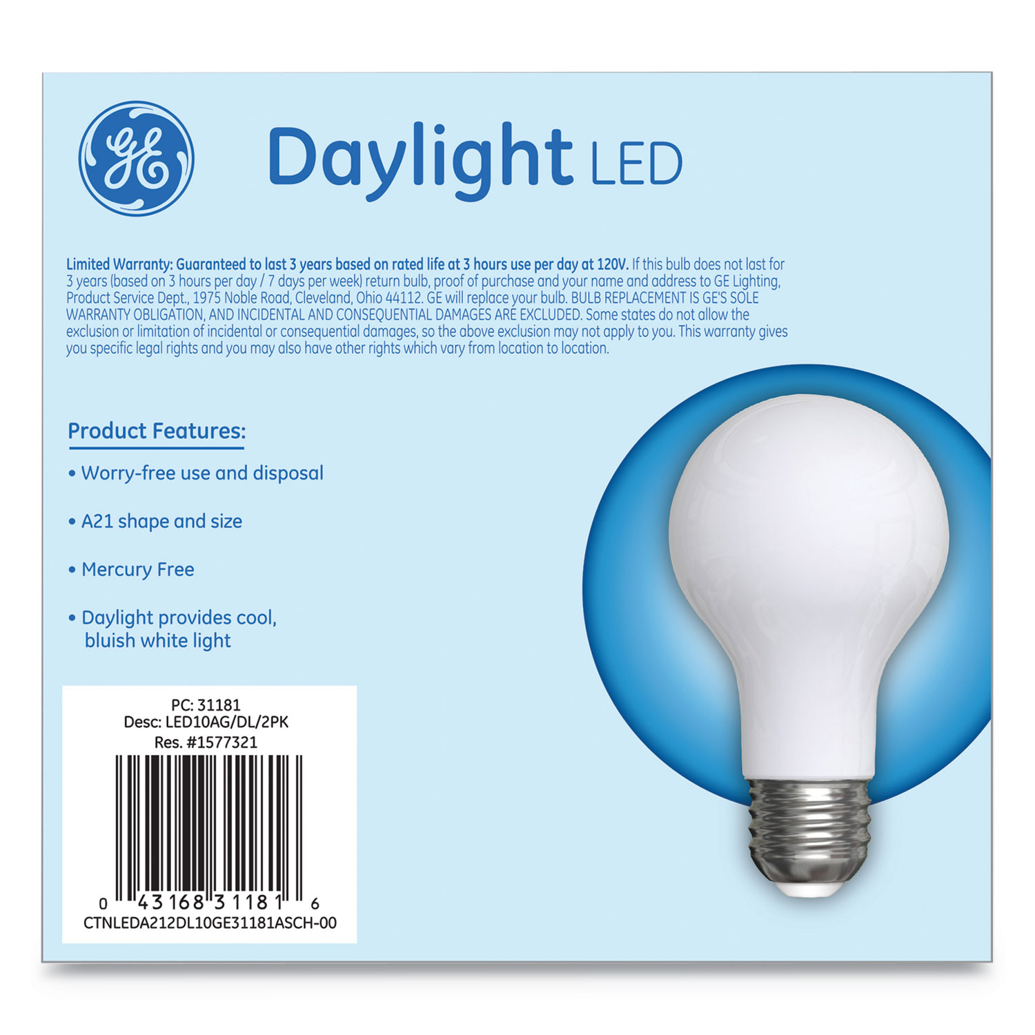LED Classic Daylight A21 Light Bulb, 10W, 2/Pack