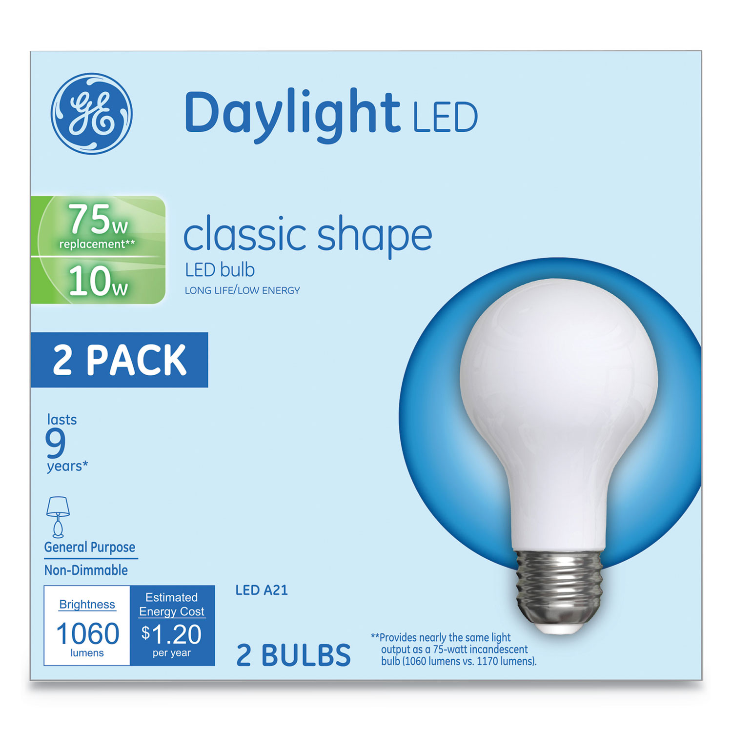  GE 31181 LED Classic Daylight A21 Light Bulb, 10 W, 2/Pack (GEL31181) 