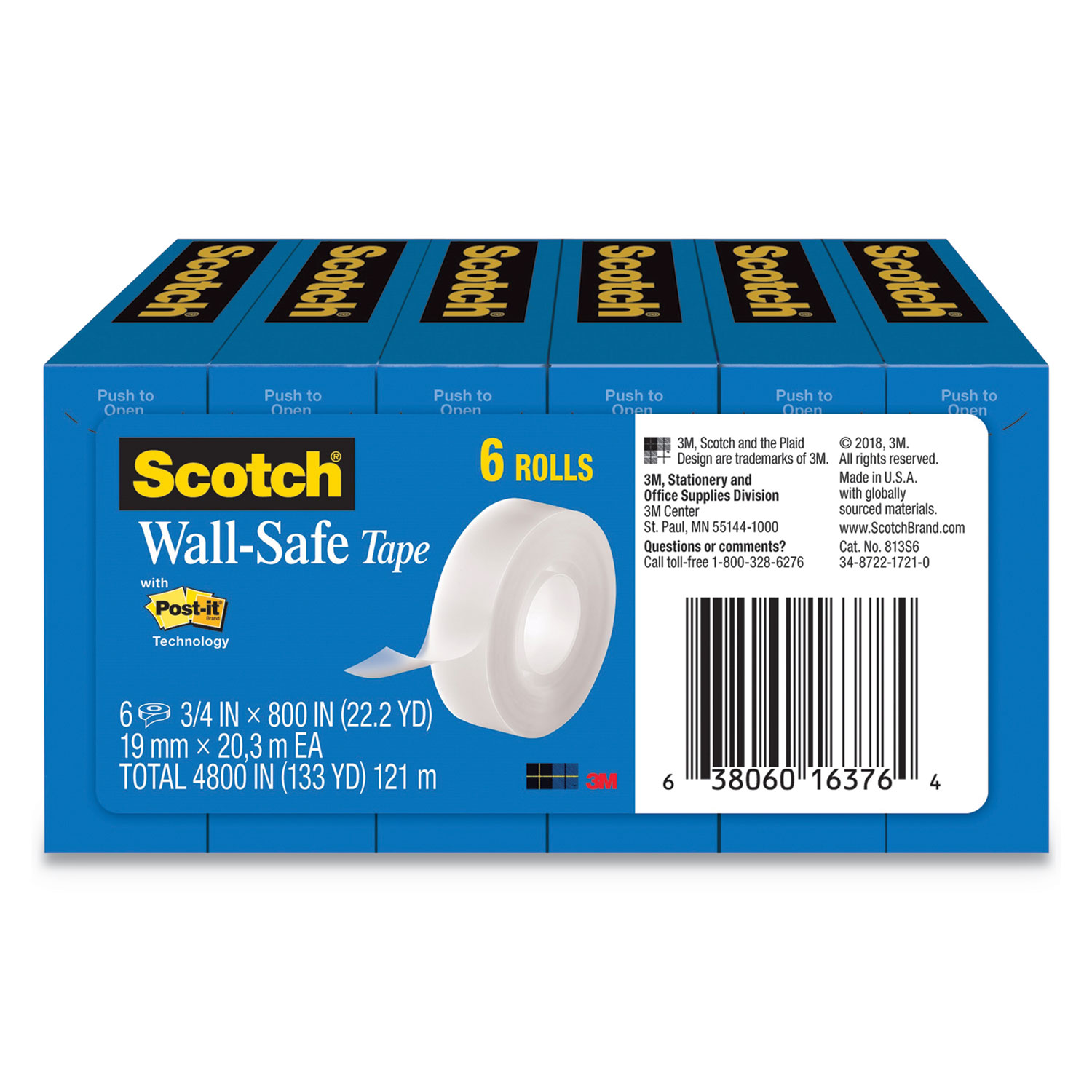  Scotch 813S6 Wall-Safe Tape, 1 Core, 0.75 x 66.66 ft, Clear, 6/Pack (MMM813S6) 