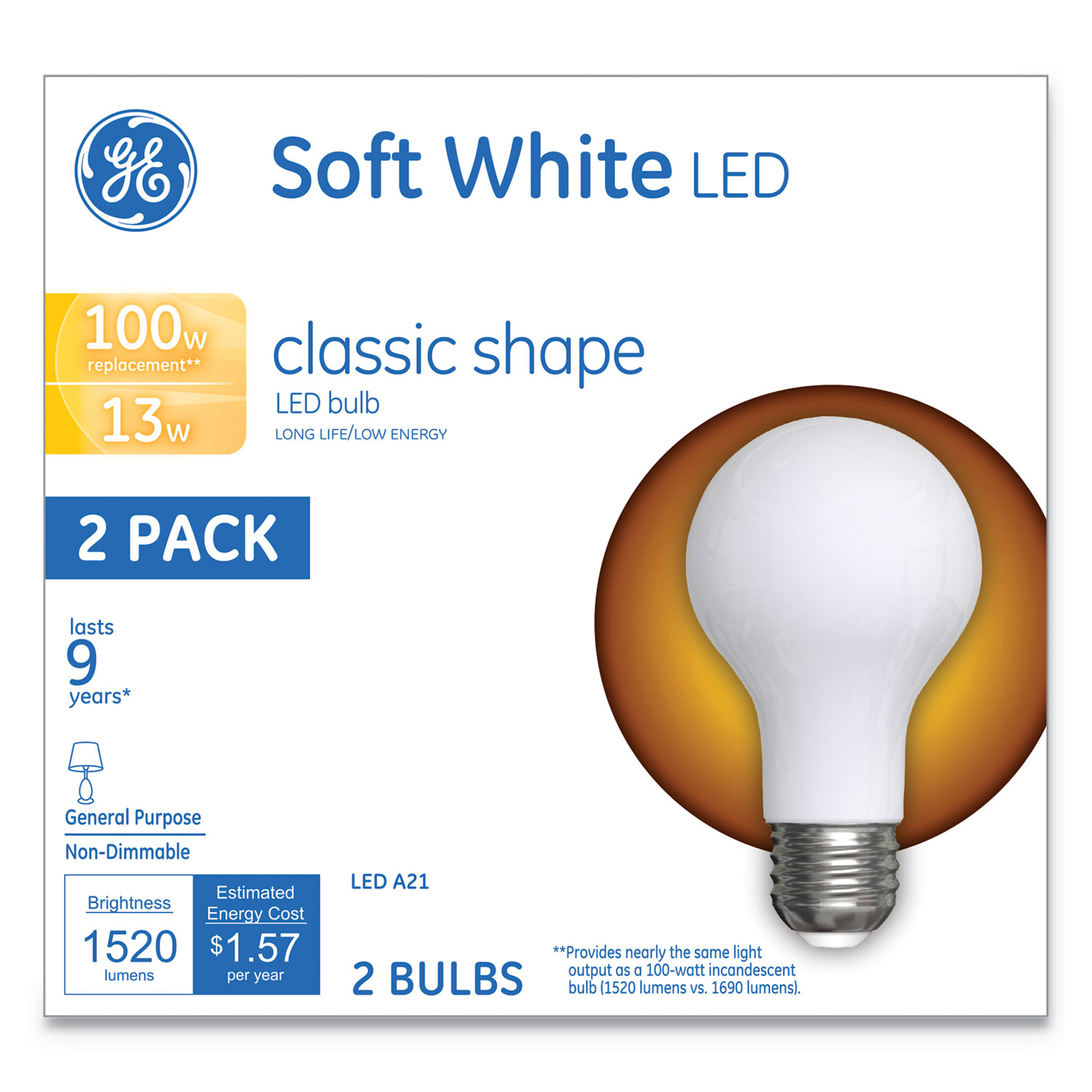  GE 31185 Classic LED Soft White Non-Dim A21, 13 W, 2/Pack (GEL31185) 