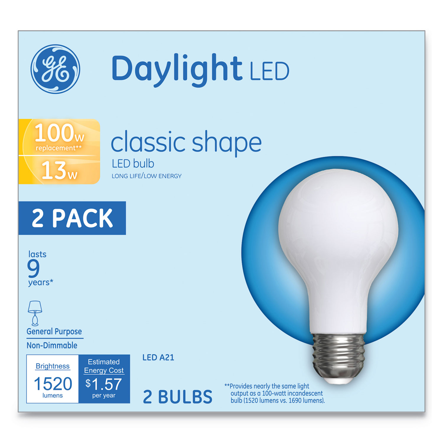  GE 31186 LED Classic Daylight A21 Light Bulb, 13 W, 2/Pack (GEL31186) 