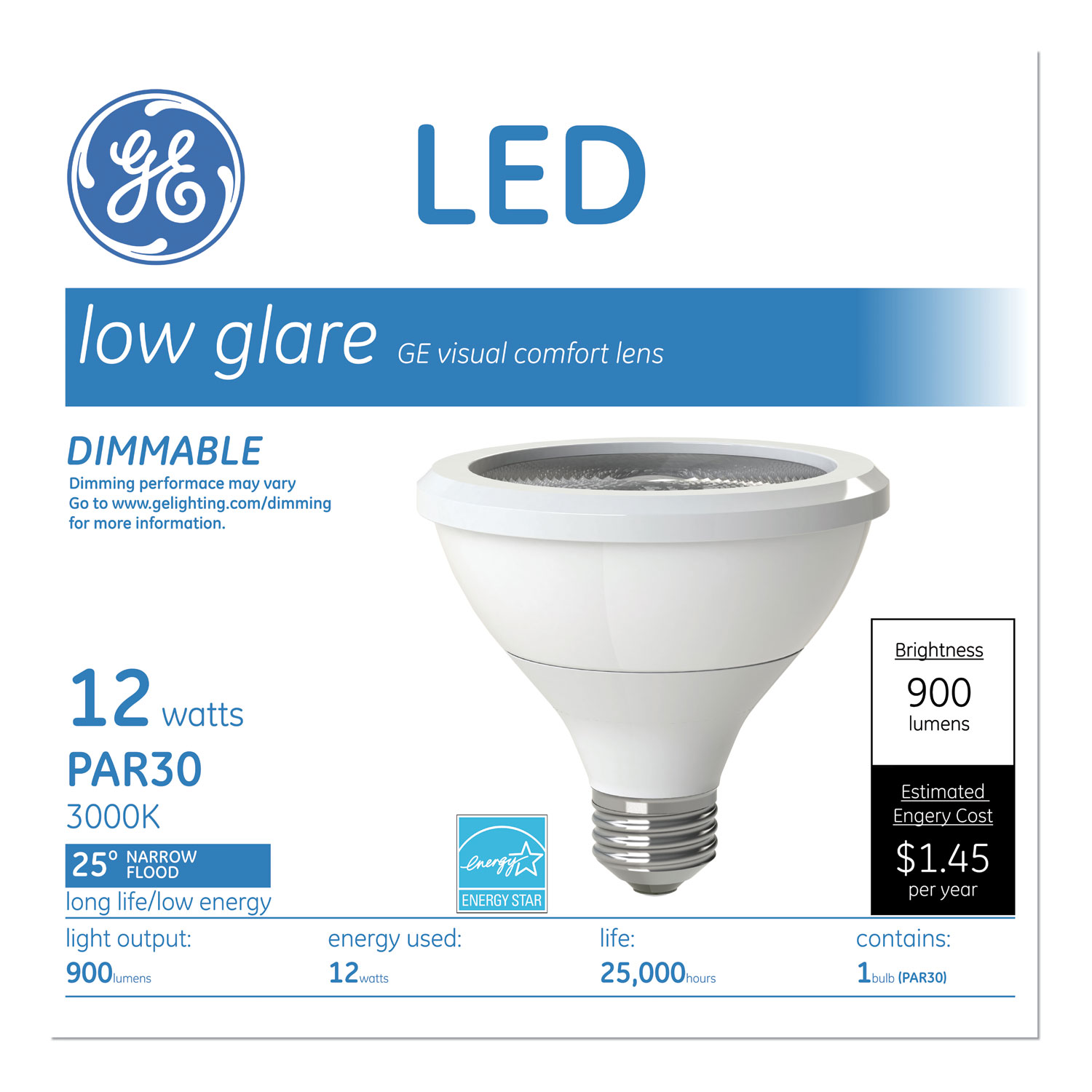  GE 42133 LED PAR30 Dimmable Warm White Flood Light Bulb, 2700K, 12 W (GEL42133) 