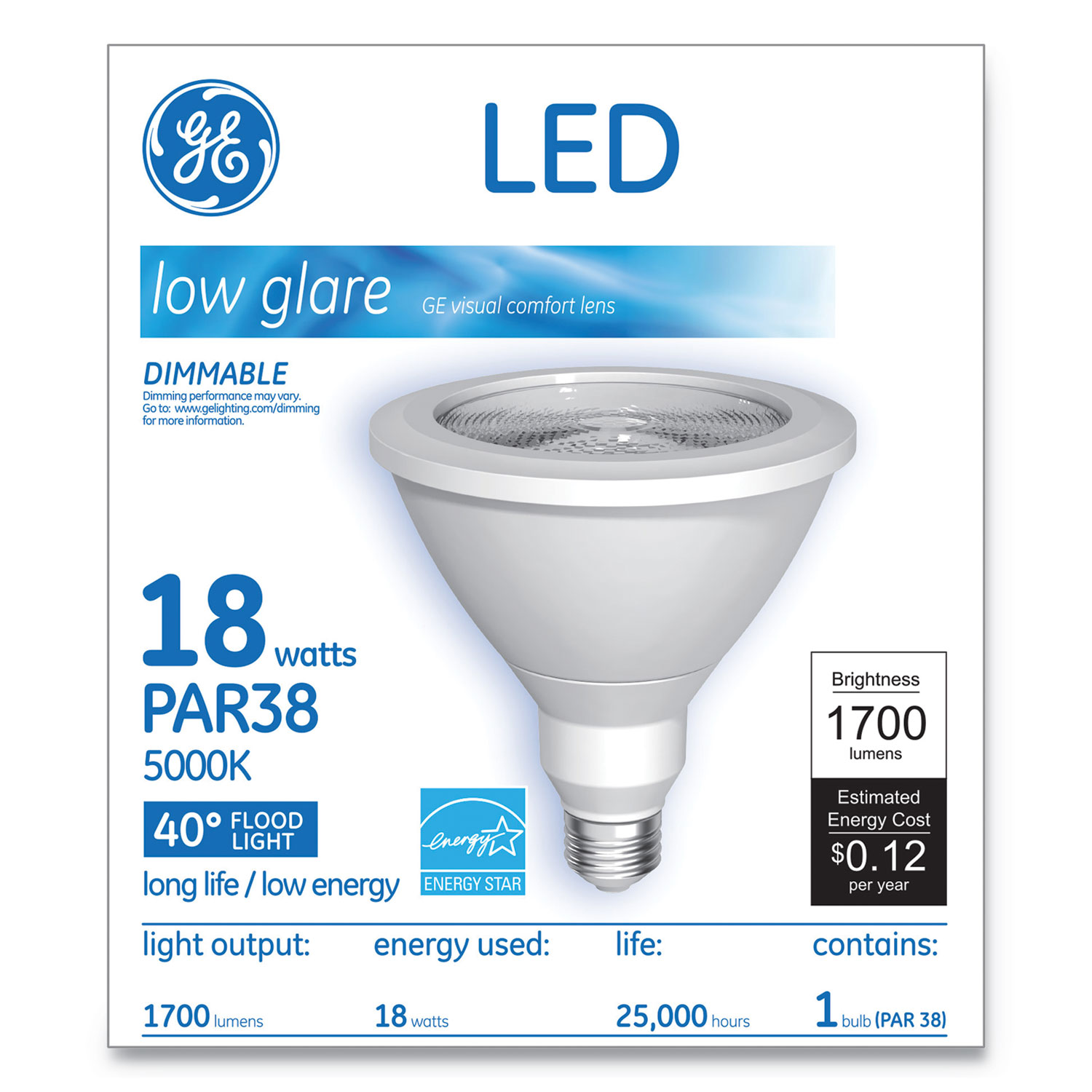  GE 65731 LED PAR38 Dimmable 40 DG Daylight Flood Light Bulb, 5000K, 18 W (GEL65731) 