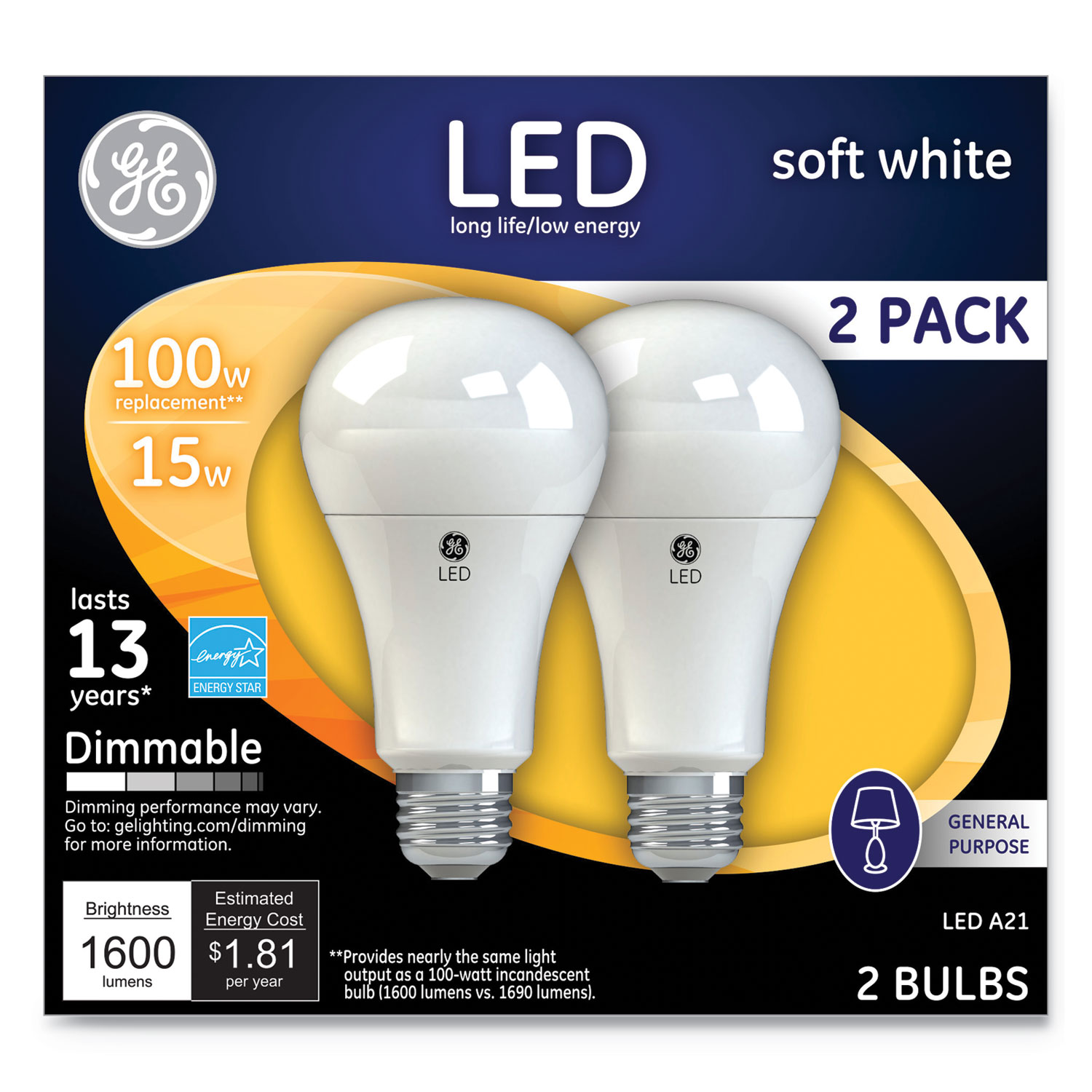  GE 65941 LED Soft White A21 Dimmable Light Bulb, 15 W, 2/Pack (GEL65941) 