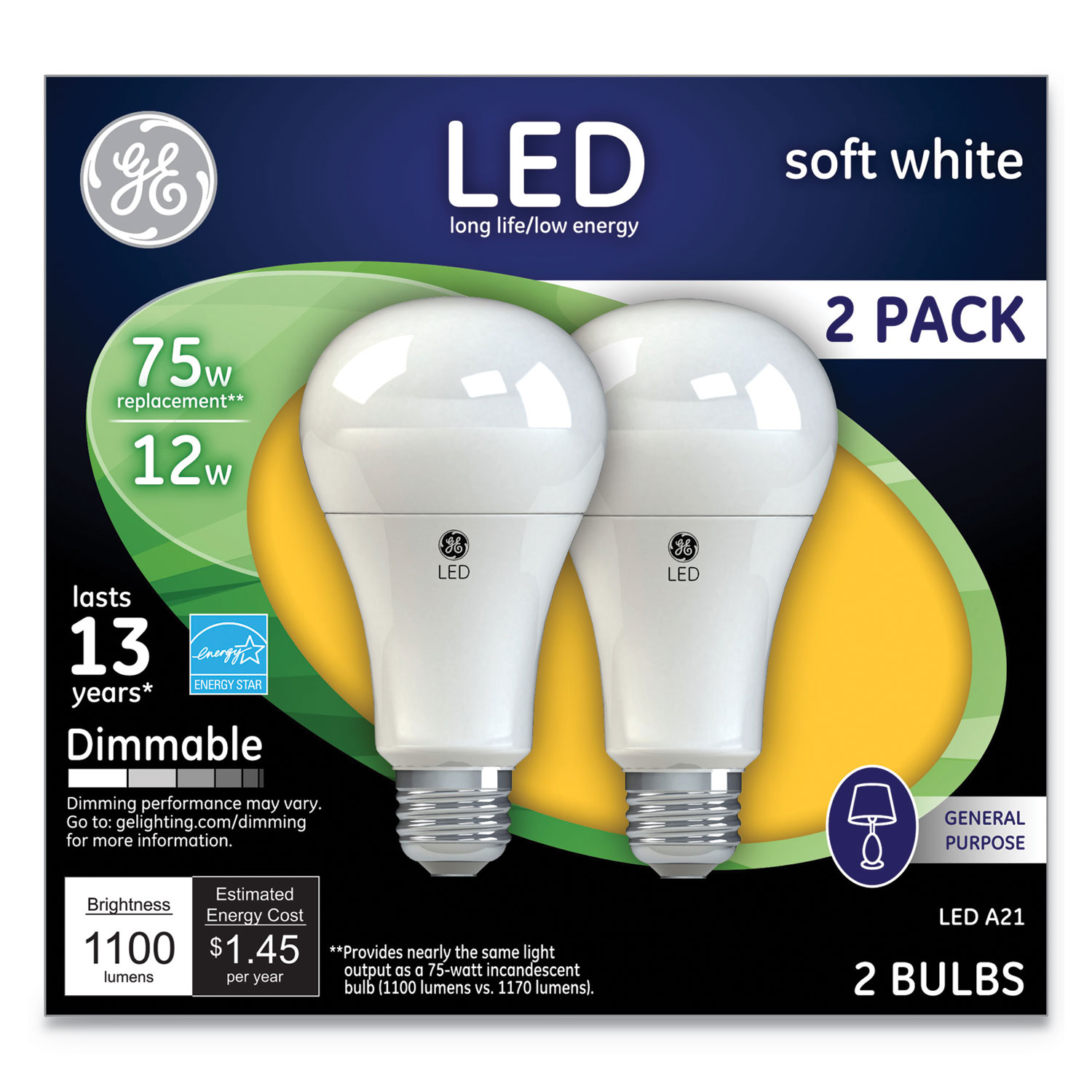  GE 65943 LED Soft White A21 Dimmable Light Bulb, 12 W, 2/Pack (GEL65943) 