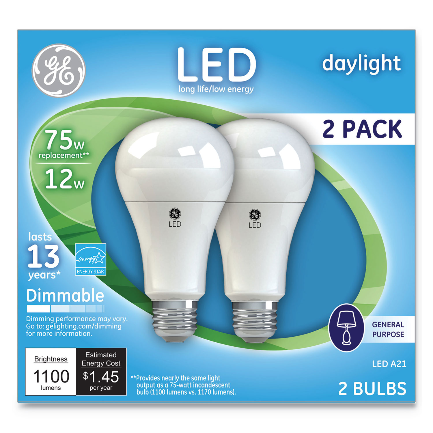  GE 66117 LED Daylight A21 Dimmable Light Bulb, 12 W, 2/Pack (GEL66117) 