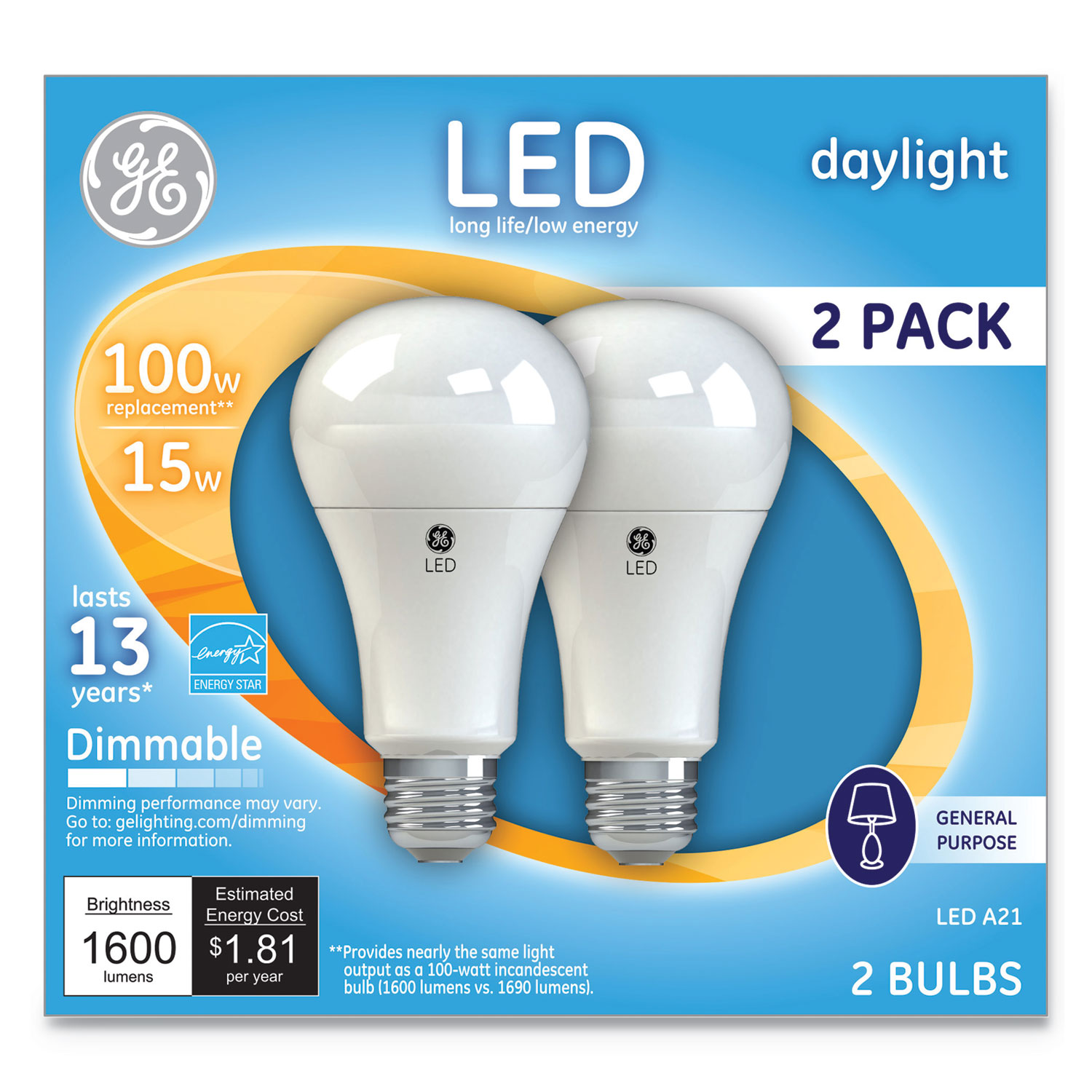  GE 66133 LED Daylight A21 Dimmable Light Bulb, 15 W, 2/Pack (GEL66133) 