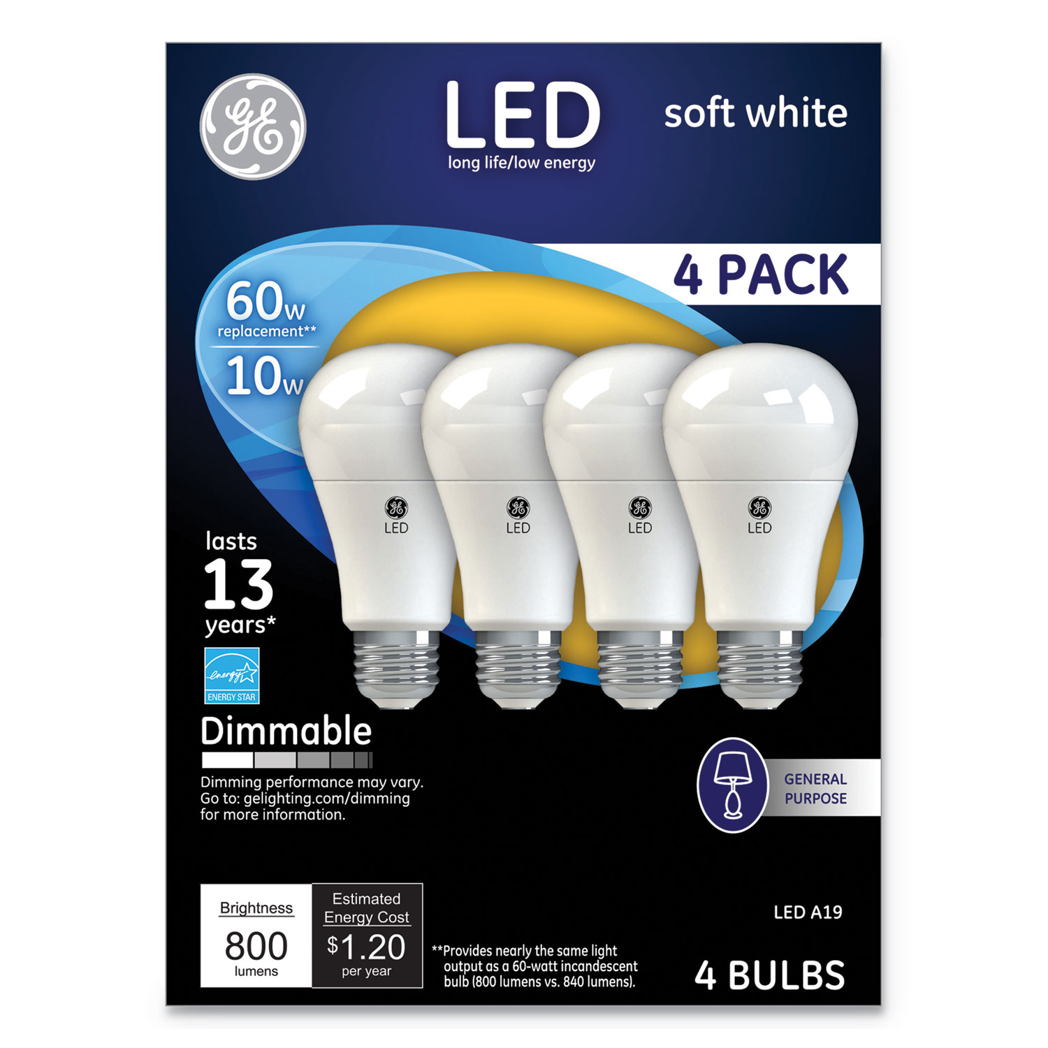  GE 67615 LED Soft White A19 Dimmable Light Bulb, 10 W, 4/Pack (GEL67615) 