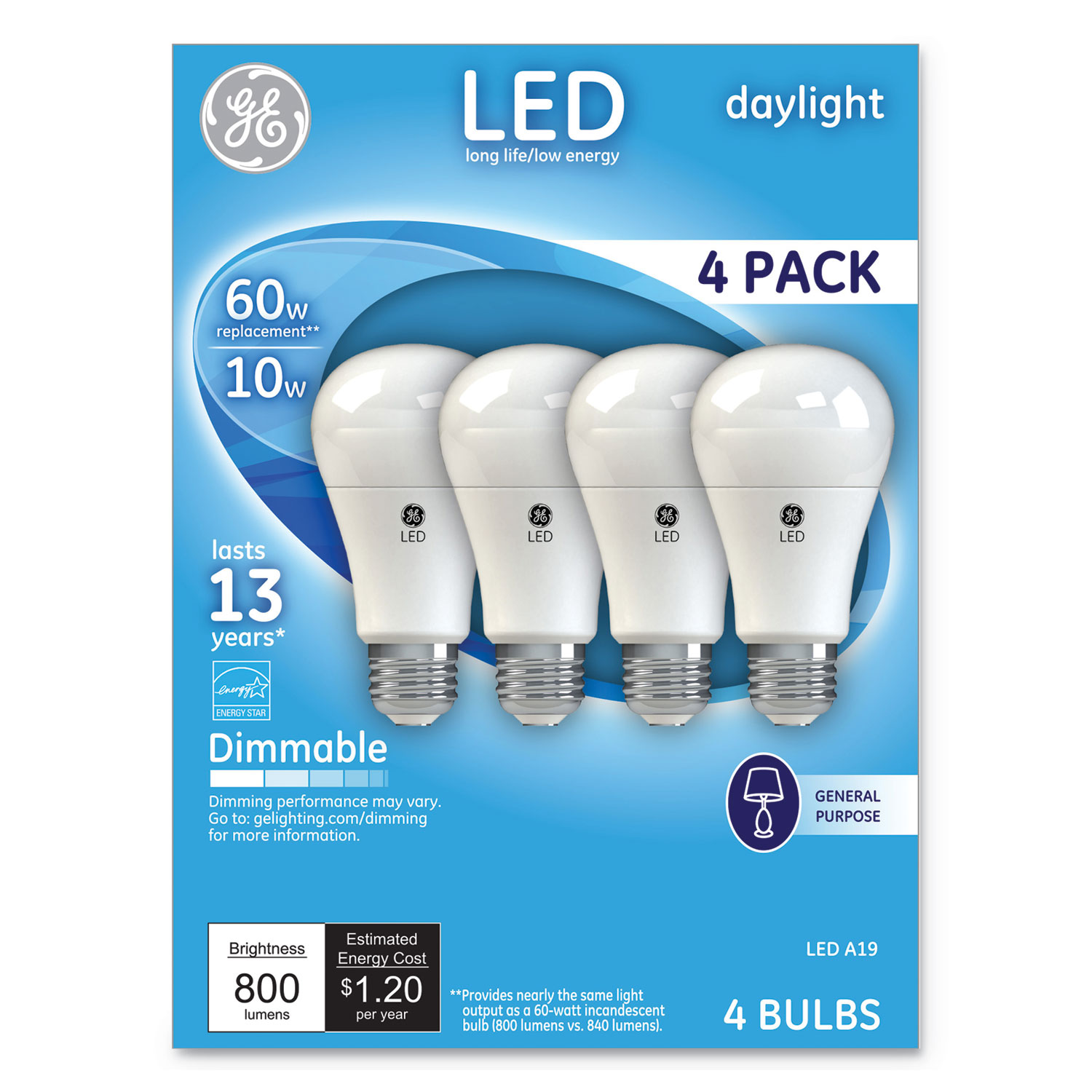  GE 67616 LED Daylight A19 Dimmable Light Bulb, 10 W, 4/Pack (GEL67616) 