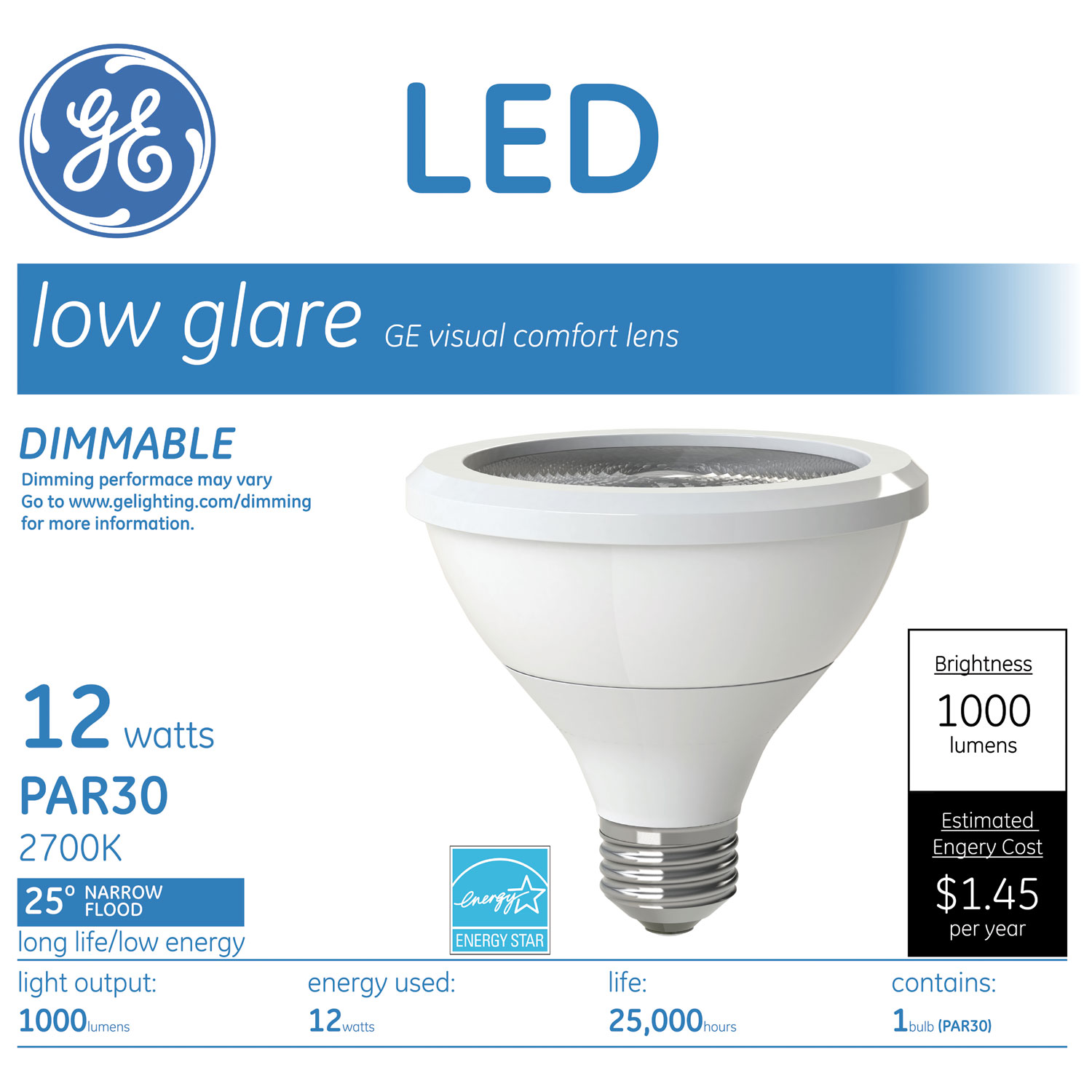  GE 84379 LED PAR30 Dimmable Warm White Flood Light Bulb, 3000K, 12 W (GEL84379) 
