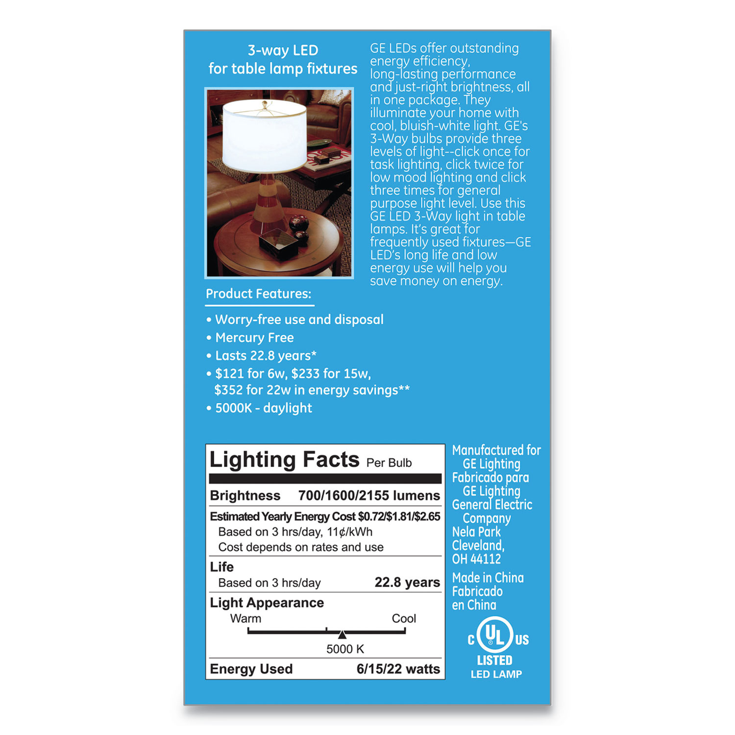 LED Daylight 3-Way A21 Light Bulb, 11W