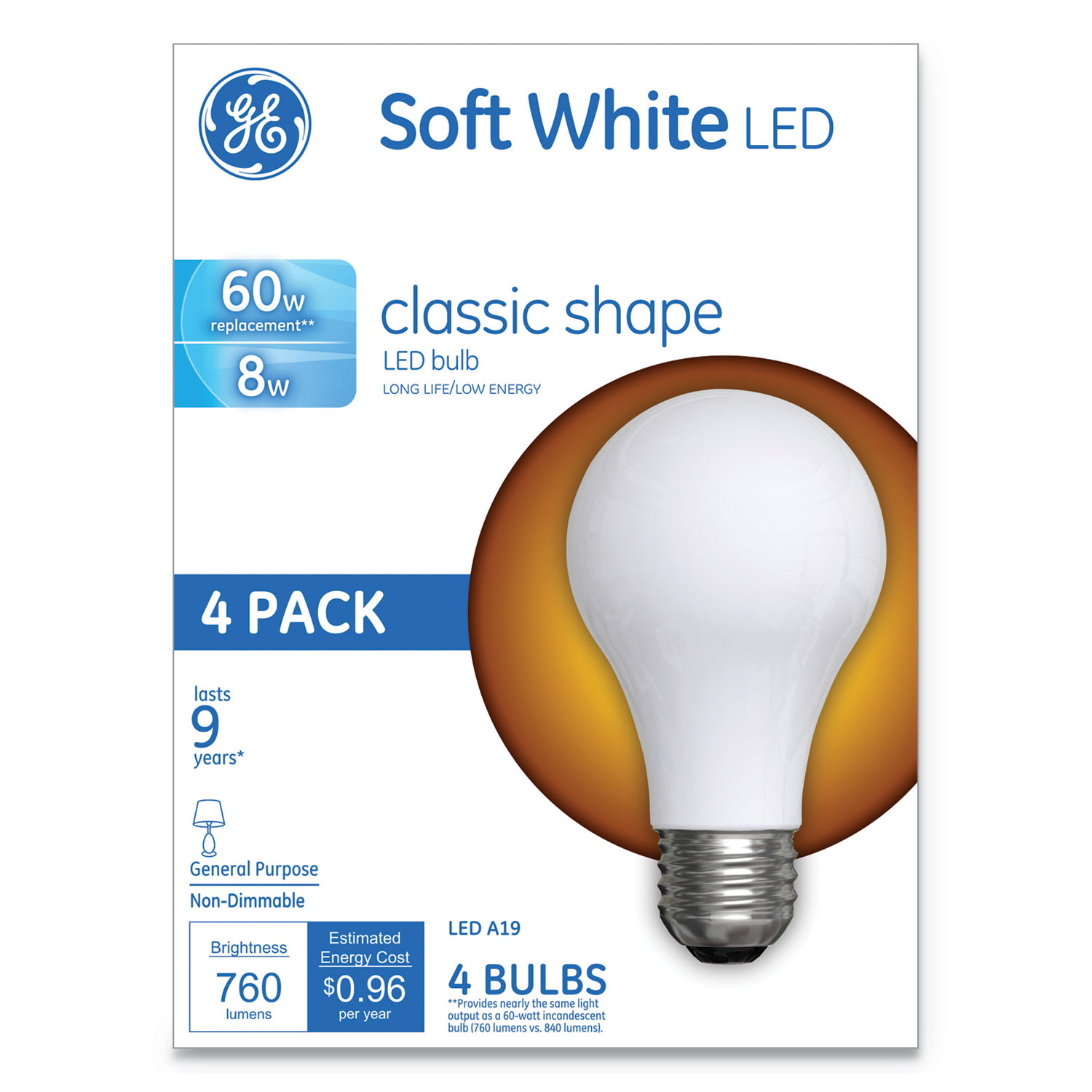  GE 99190 Classic LED Soft White Non-Dim A19 Light Bulb, 8 W, 4/Pack (GEL99190) 