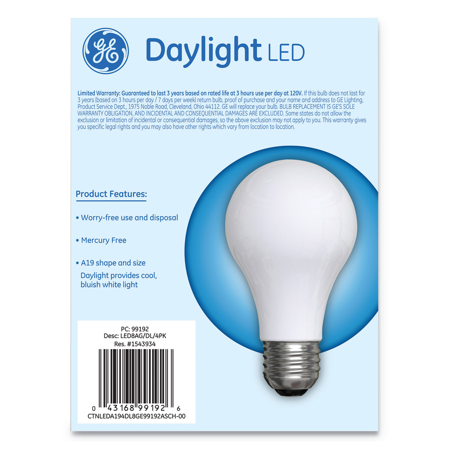 Classic LED Daylight Non-Dim A19 Light Bulb, 8W, 4/Pack