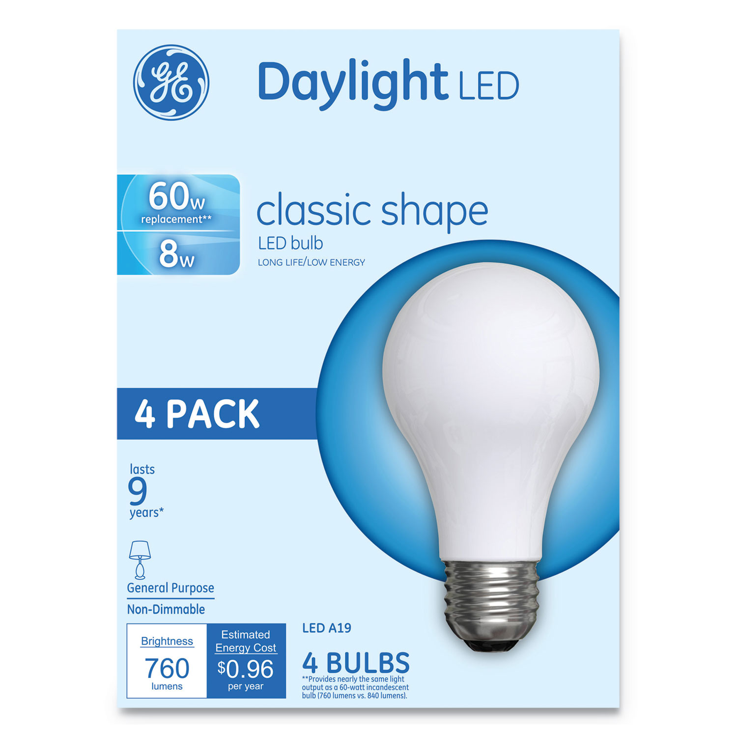  GE 99192 Classic LED Daylight Non-Dim A19 Light Bulb, 8 W, 4/Pack (GEL99192) 