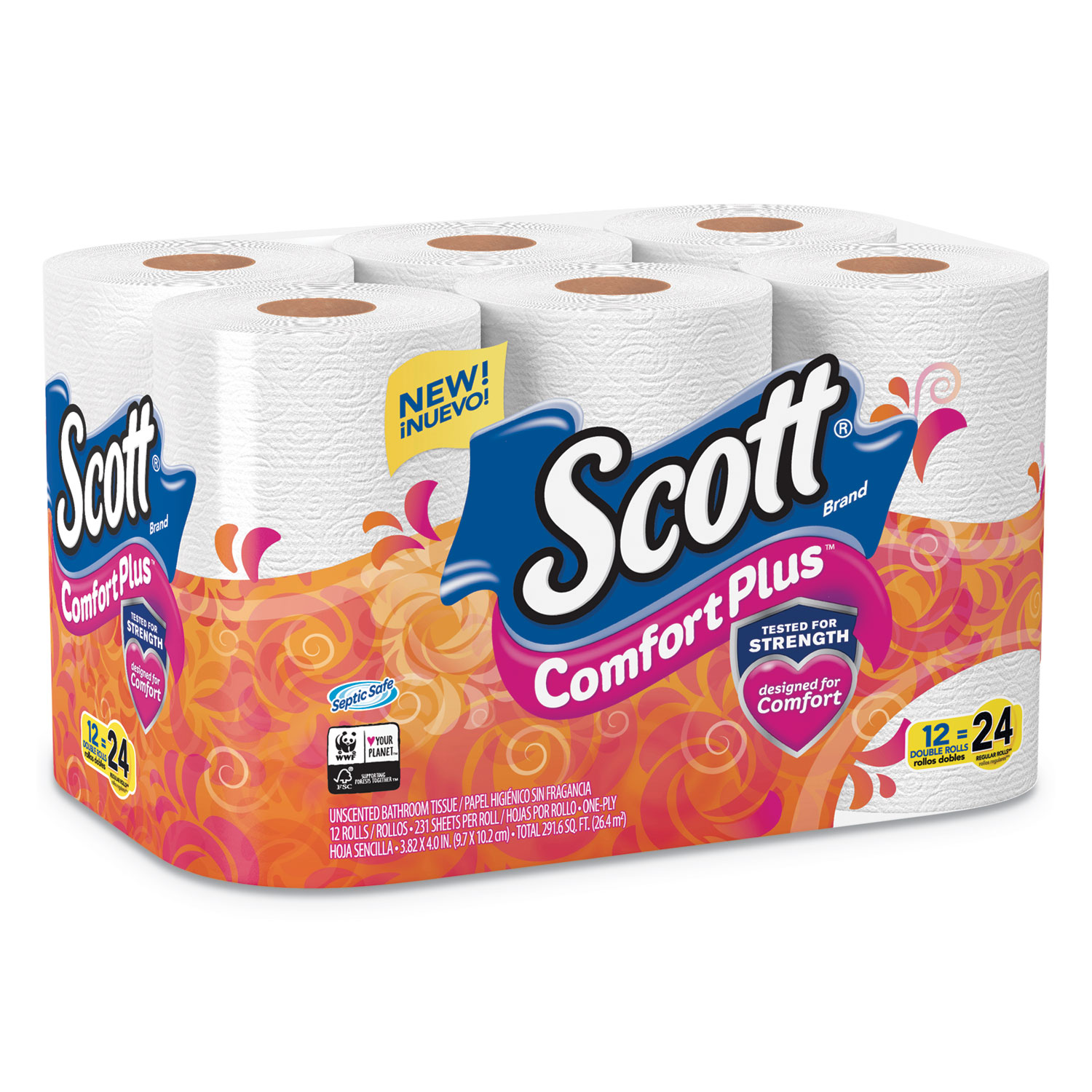 Scotts ComfortPlus Toilet Paper, Double Roll, 1-Ply, , 12 Roll/Pack