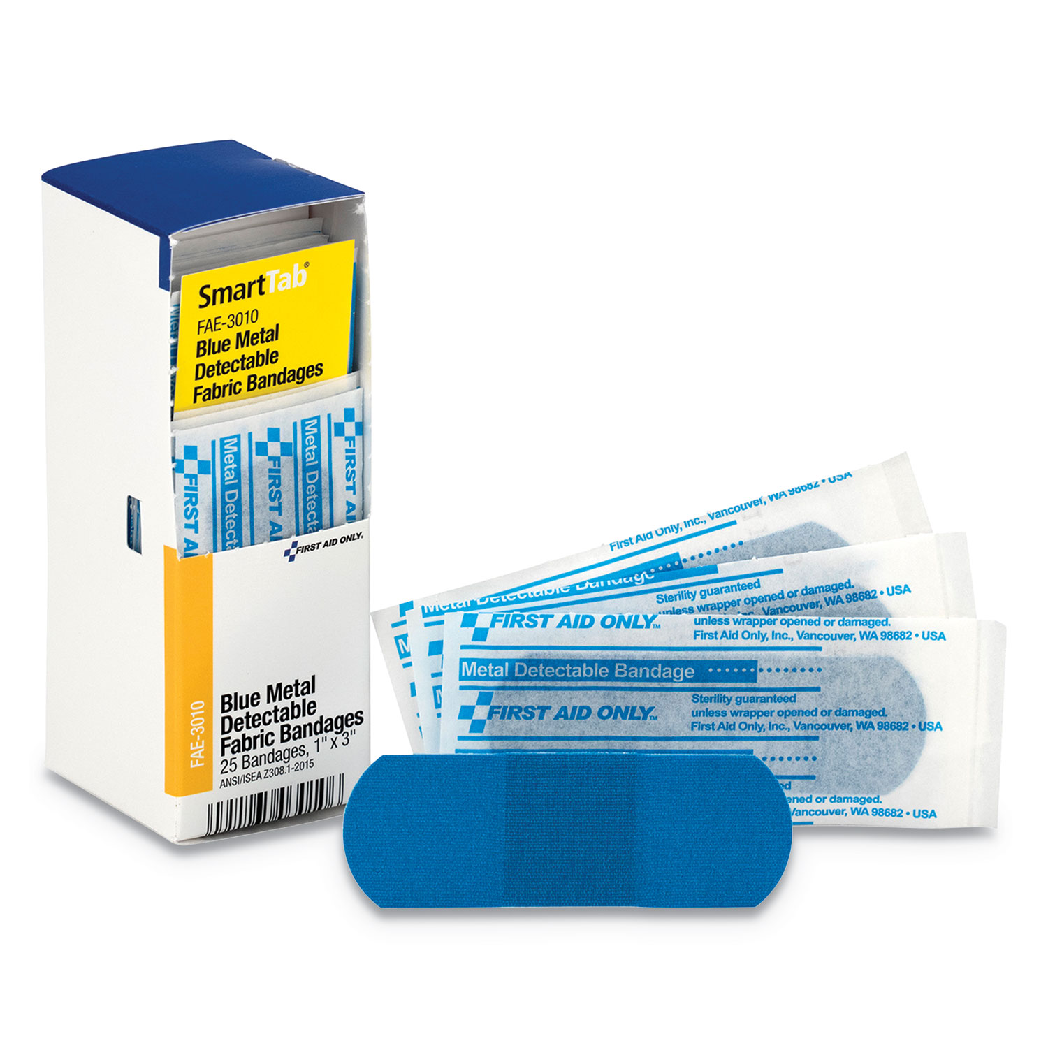  First Aid Only FAE-3010 Refill f/SmartCompliance Gen Cabinet, Blue Metal Detectable Bandages,1x3,25/Bx (FAOFAE3010) 