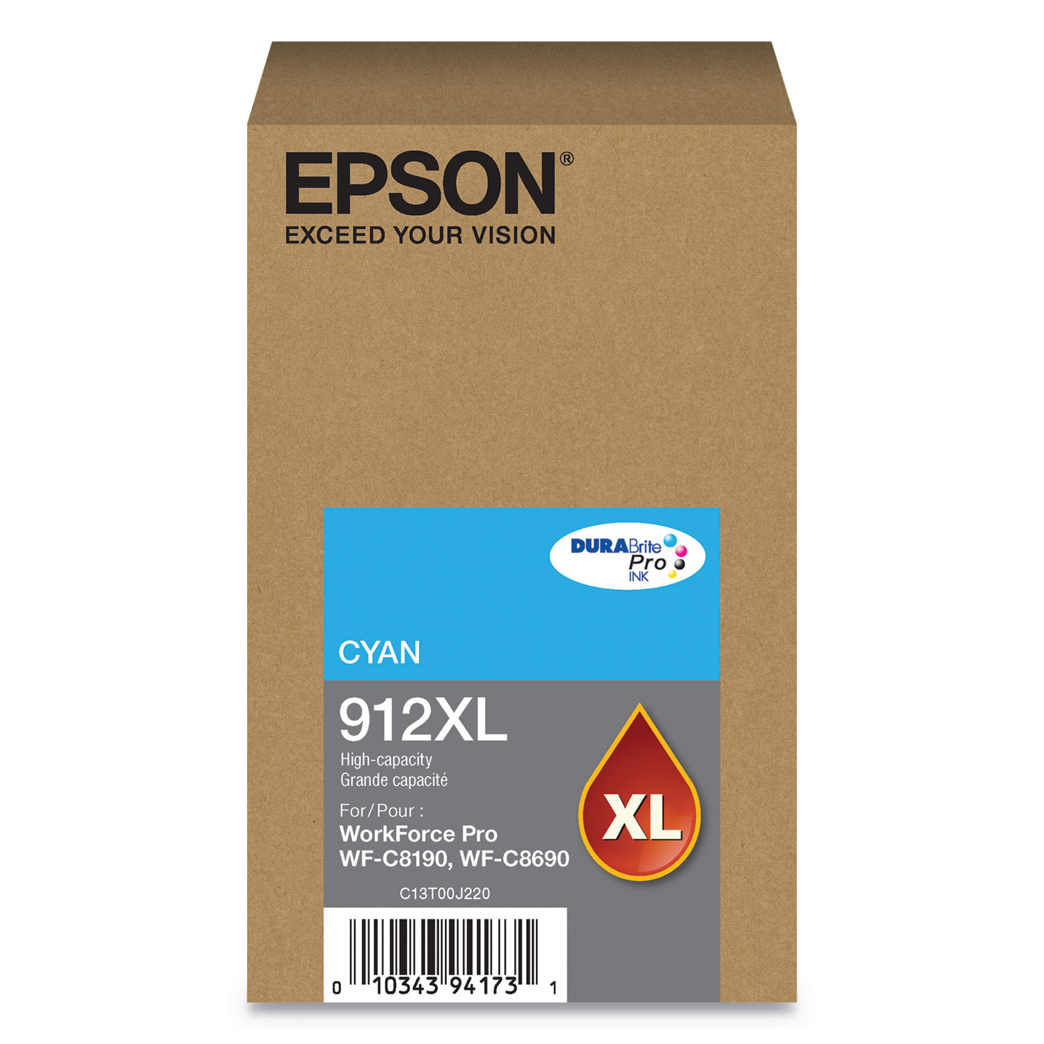  Epson T912XL220 T912XL220 (912XL) DURABrite Pro High-Yield Ink, 4600 Page-Yield, Cyan (EPST912XL220) 
