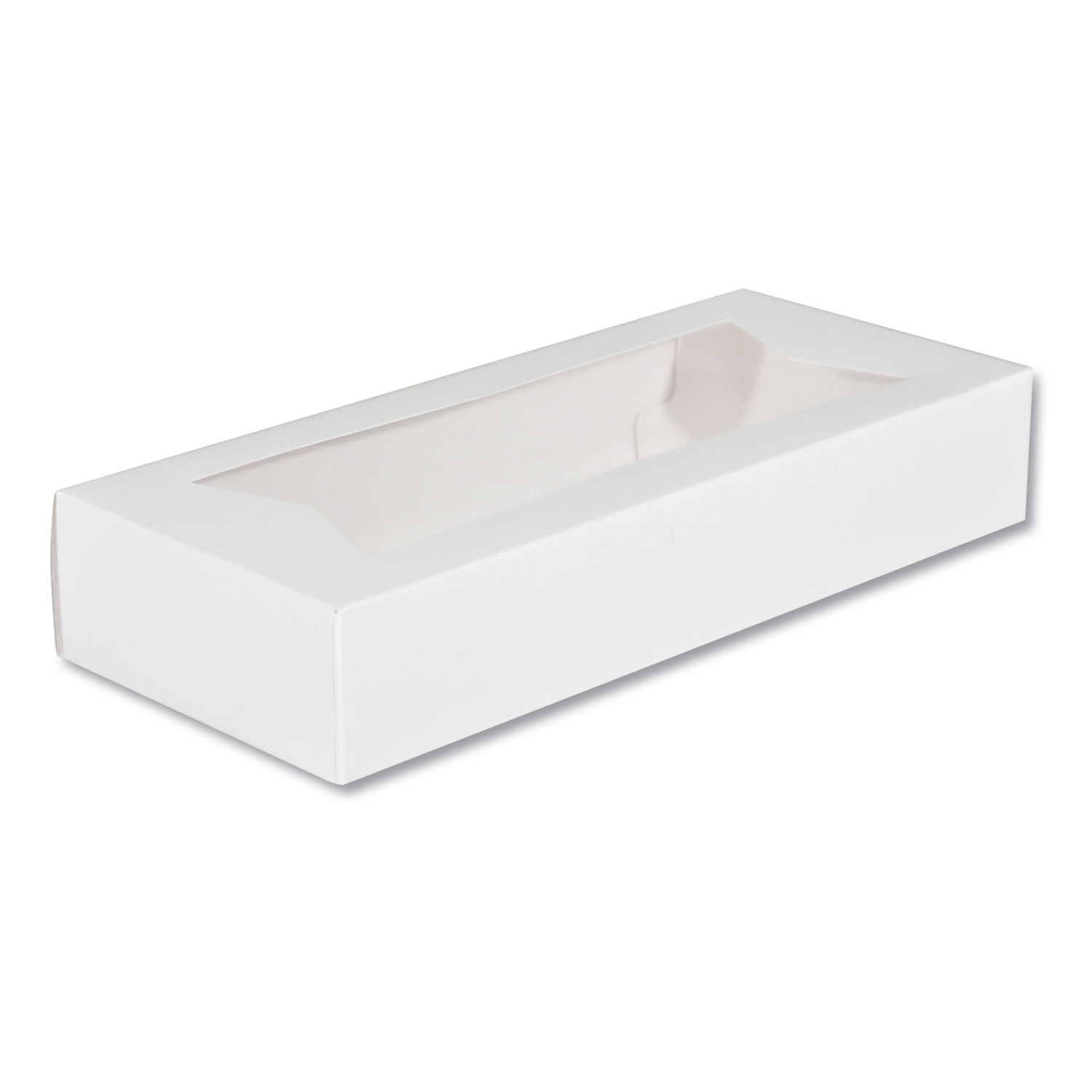 White Window Bakery Boxes with Attached Flip Top, 4-Corner Beers Design, 12.5 x 5.5 x 2.25, White, Paper, 200/Carton