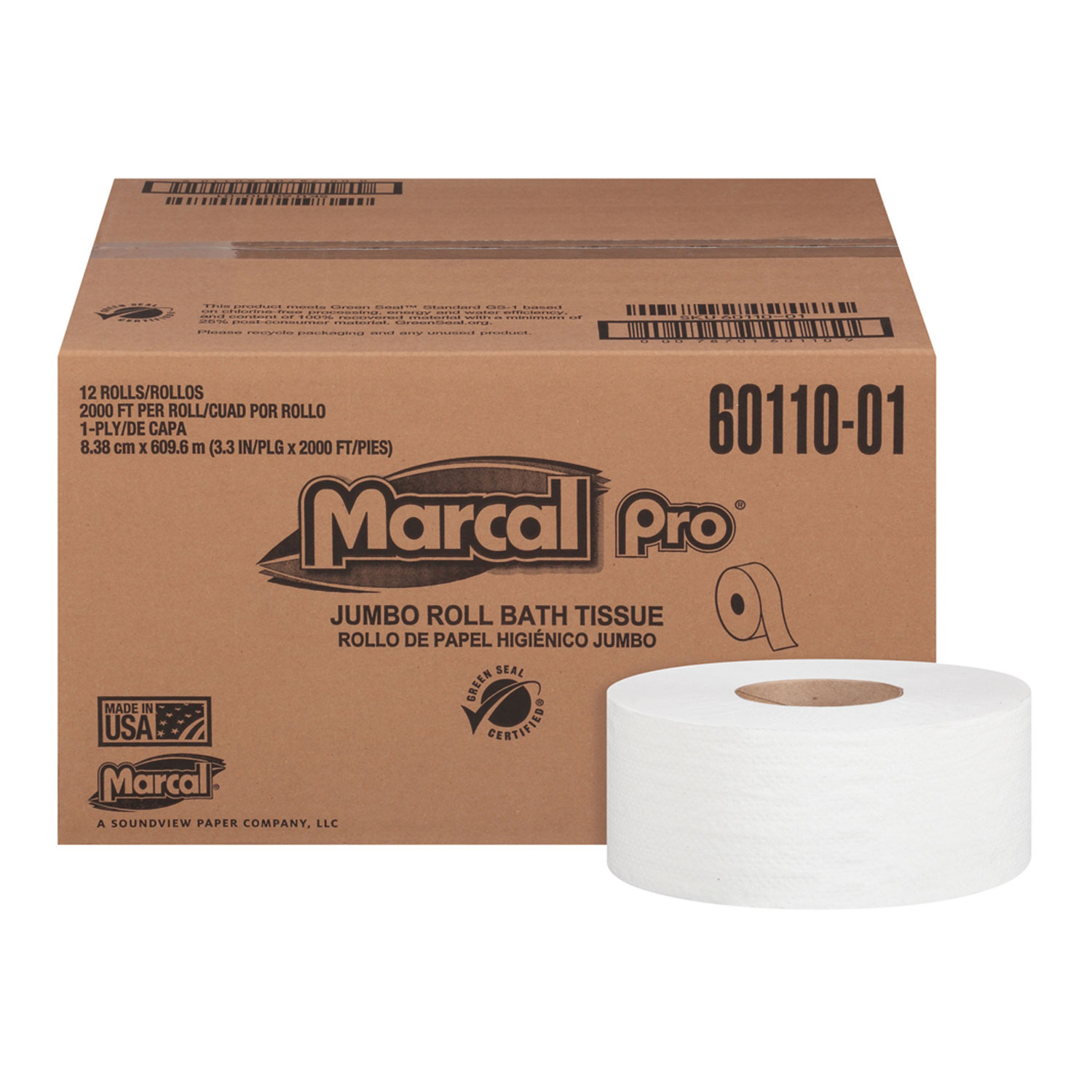  Marcal PRO 60110 Bathroom Tissue, Septic Safe, 1-Ply, White, 3.3 x 2000 ft, 12/Carton (MRC60110) 