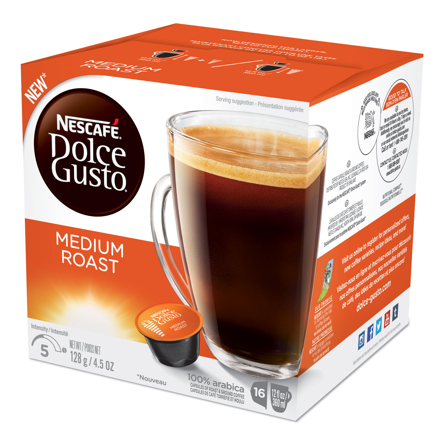 Dolce Gusto Coffee Capsules, Medium Roast, 12 oz, Capsule, 3/Carton
