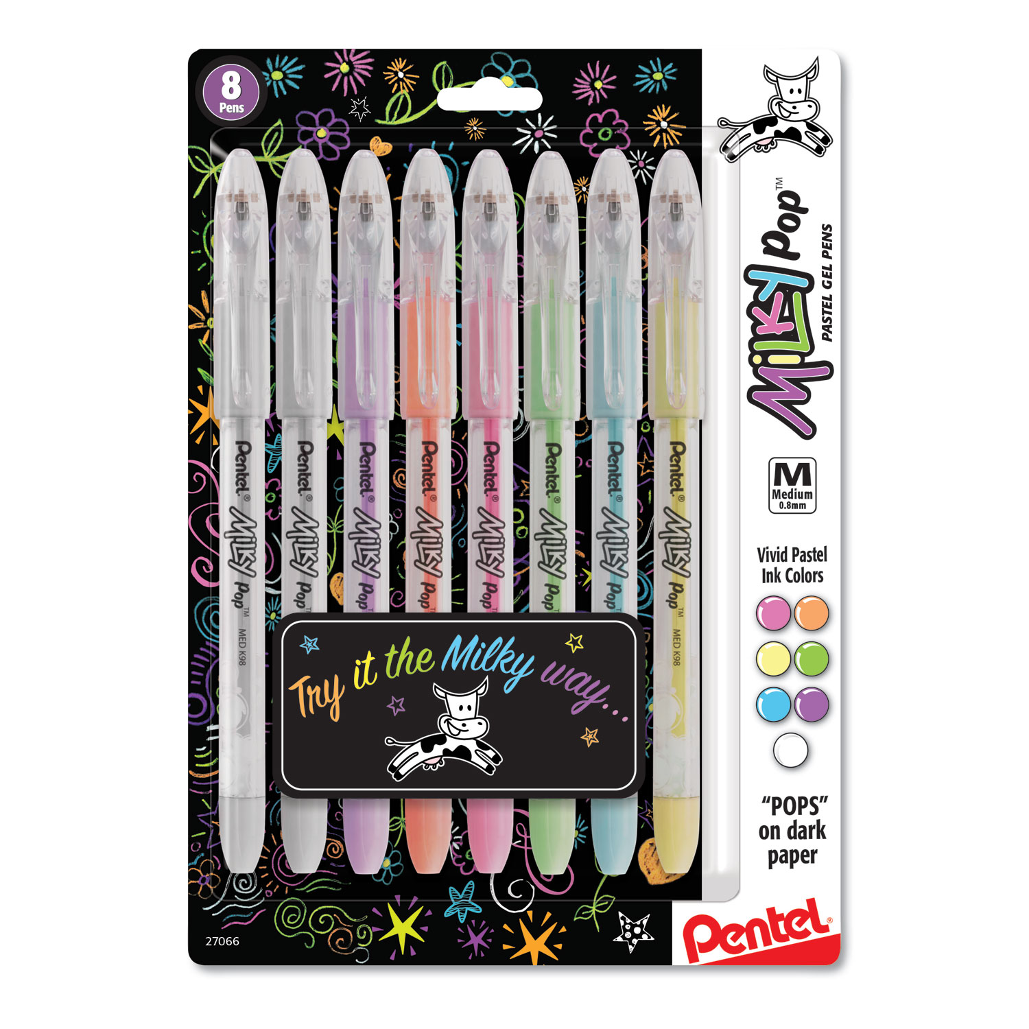  Pentel K98BP8M Milky Pop Stick Gel Pen, 0.8mm, Assorted Ink, Assorted Milky Pop Barrel, 8/Pack (PENK98BP8M) 