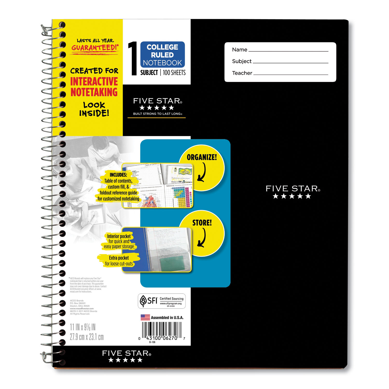  Five Star 06270 Interactive Notebook, 1 Subject, Medium/College Rule, Assorted Cover Colors, 11 x 8.5, 100 Sheets (MEA06270) 