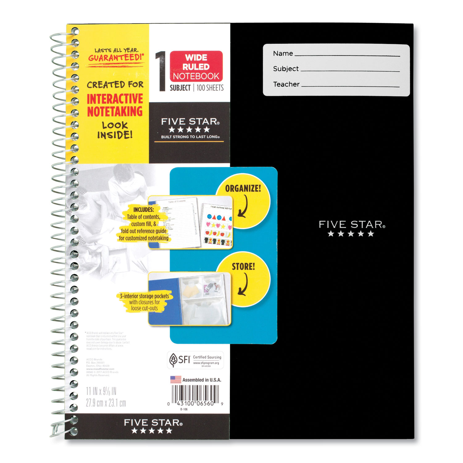  Five Star 06560 Interactive Notebook, 1 Subject, Wide Rule, Assorted Cover Colors, 11 x 8.5, 100 Sheets (MEA06560) 