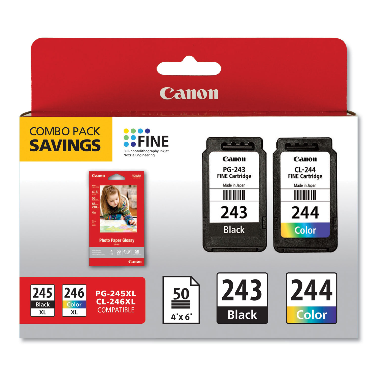 1287C005 (CL-244; PG-243BK) Ink Combo Pack, 50 Sheets of 4 x 6 Photo Paper Glossy, Black/Color