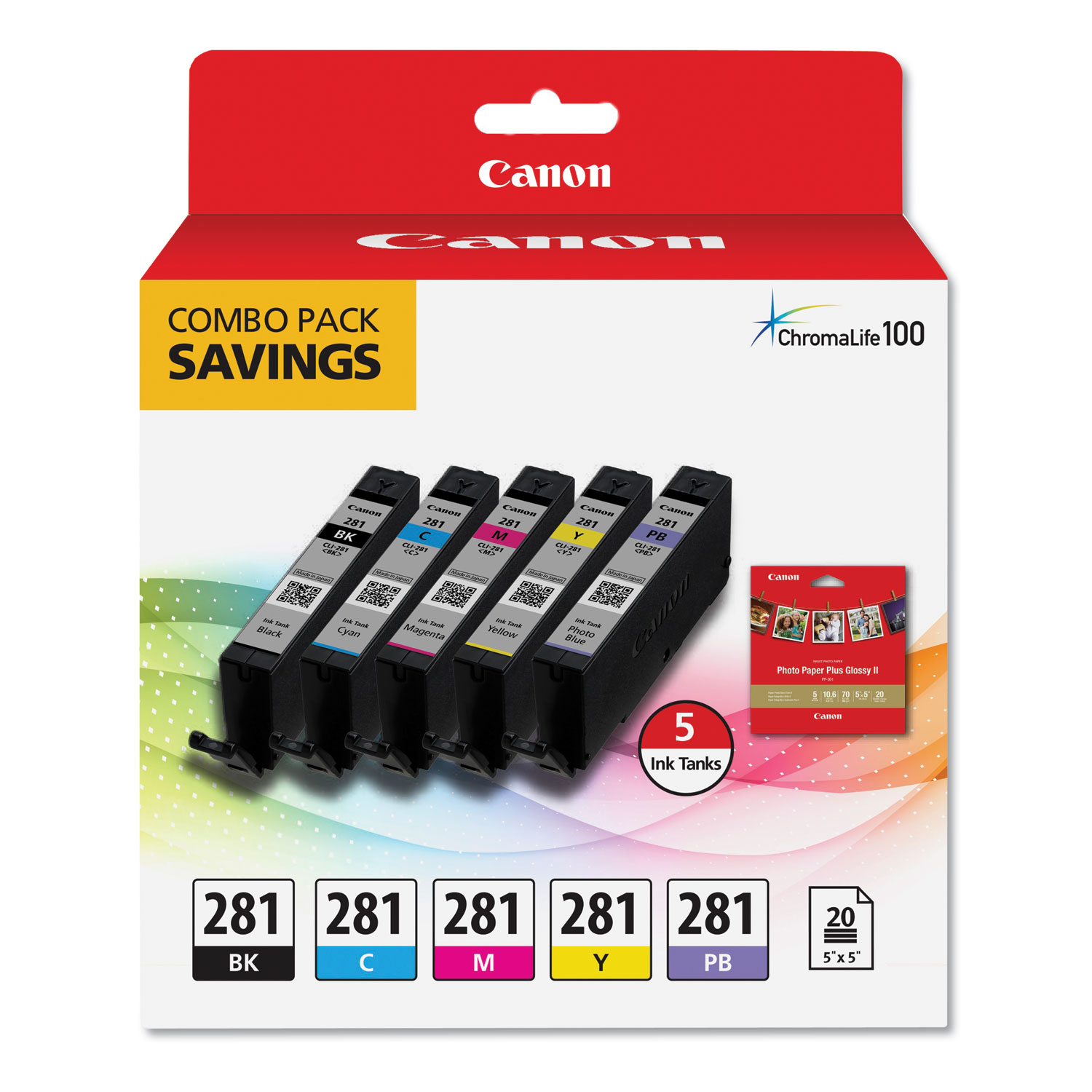  Canon 2091C006 2091C006 (CLI-281) ChromaLife100 Ink, Black/Blue/Cyan/Magenta/Yellow (CNM2091C006) 