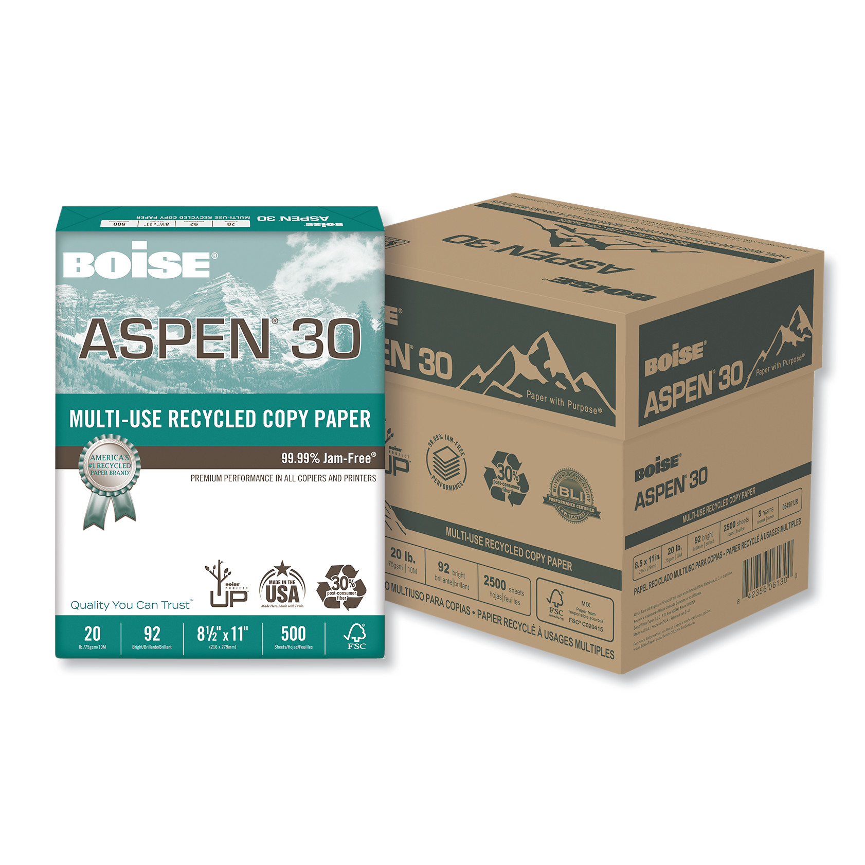  Boise 054901JR ASPEN Multi-Use Recycled Paper, 92 Bright, 20lb, 8.5 x 11, White, 500 Sheets/Ream, 5 Reams/Carton (CAS054901JR) 