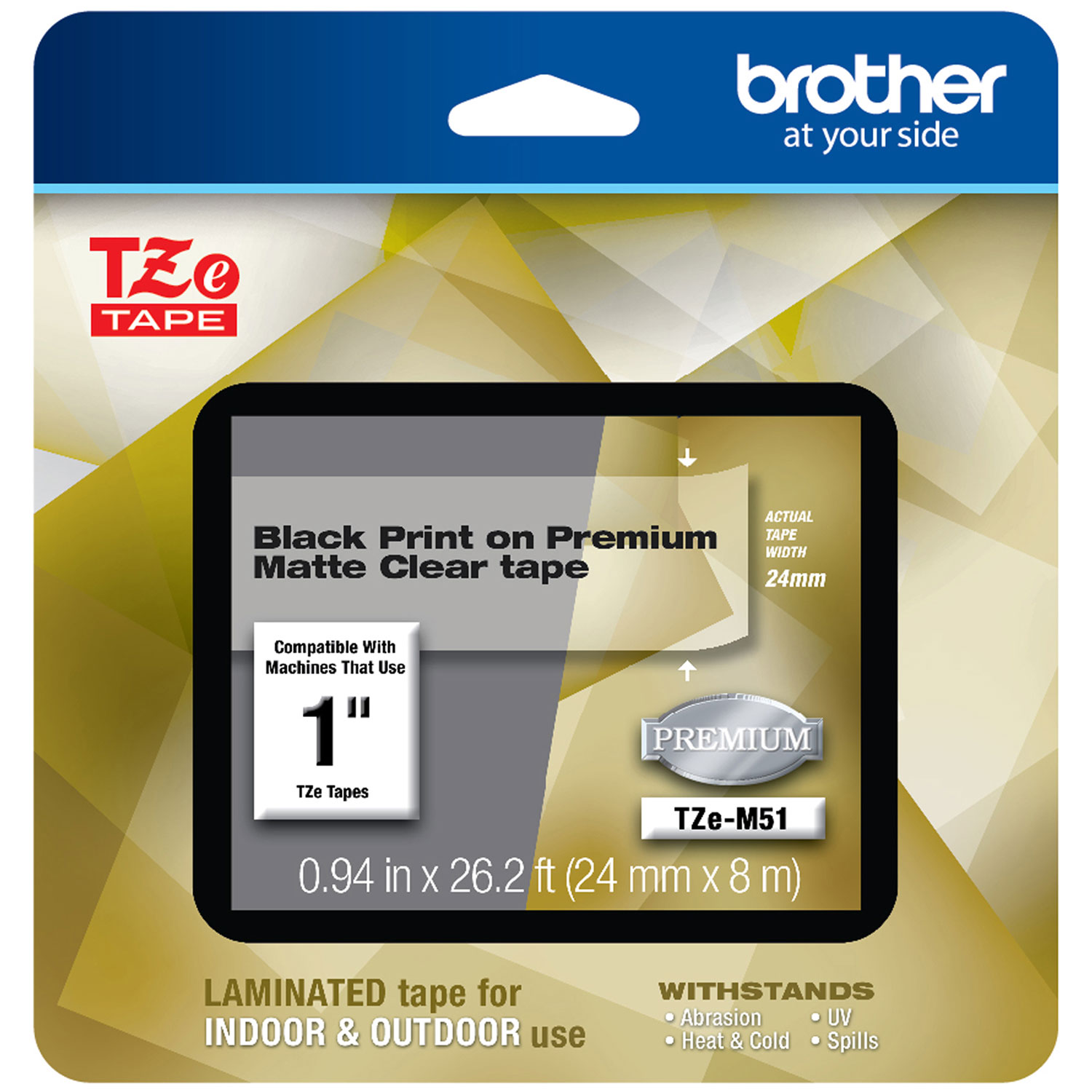  Brother TZEM51 TZe Premium Laminated Tape, 0.94 x 26.2 ft, Black on Clear (BRTTZEM51) 