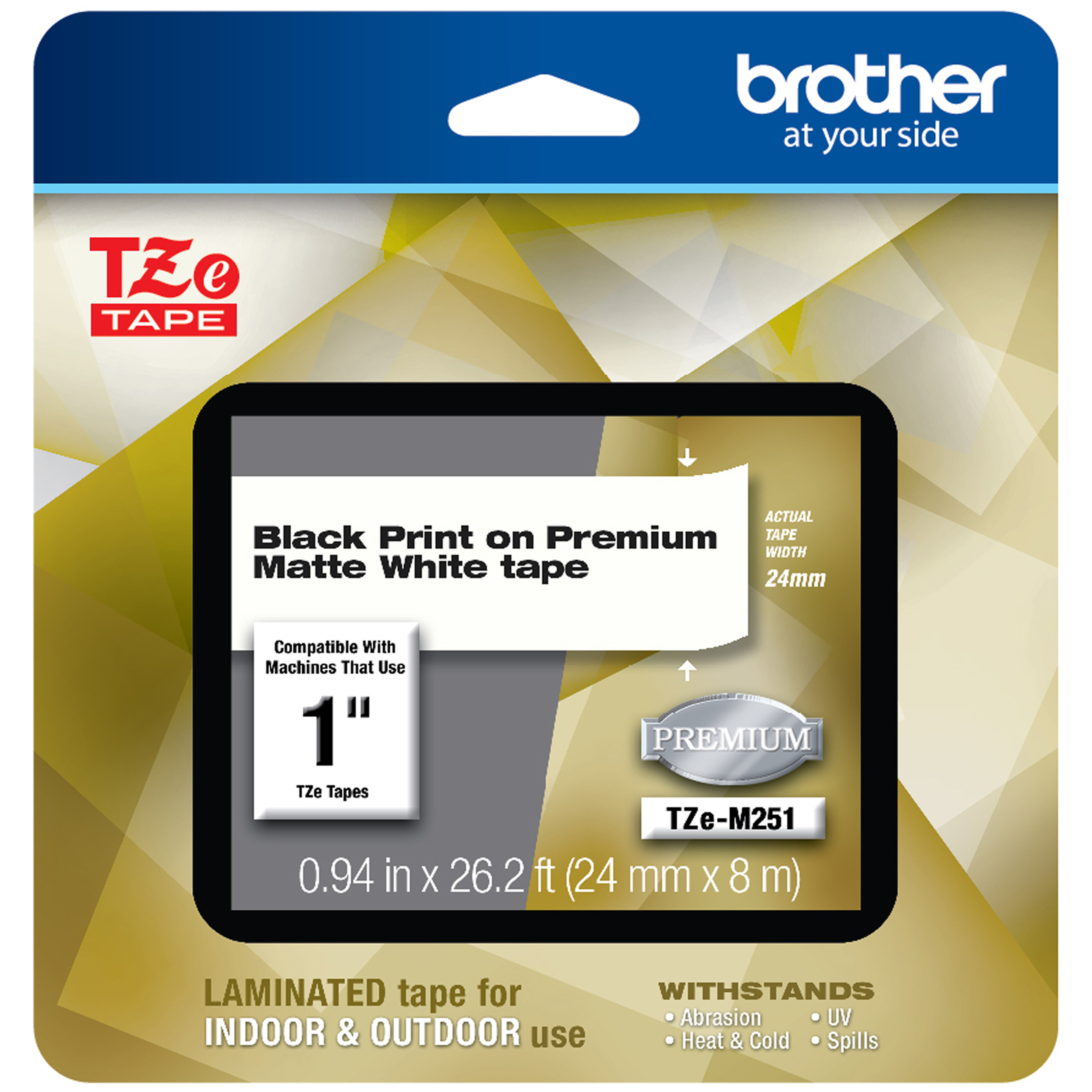  Brother TZEM251 TZe Premium Laminated Tape, 0.94 x 26.2 ft, Black on White (BRTTZEM251) 