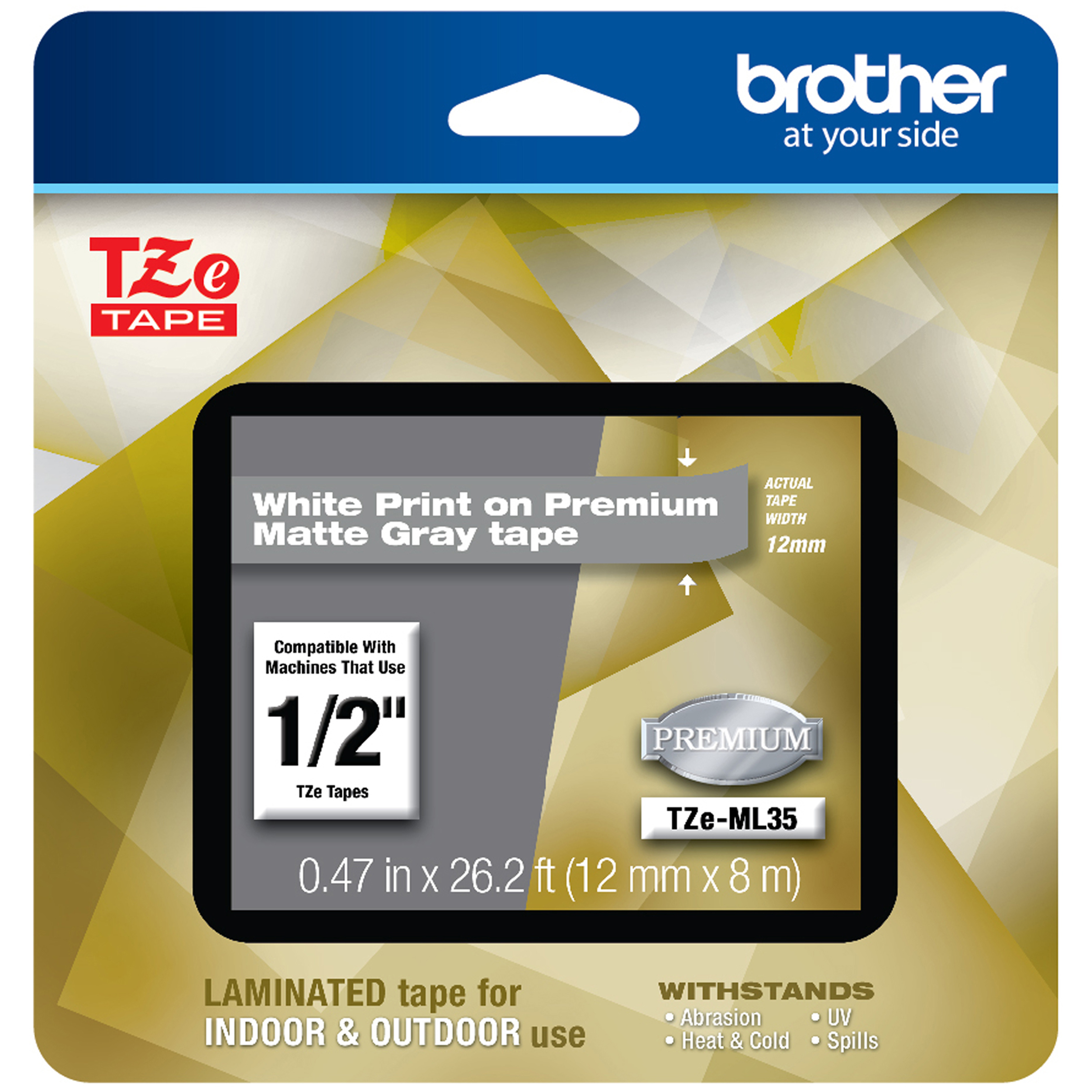  Brother TZEML35 TZe Premium Laminated Tape, 0.47 x 26.2 ft, White on Gray (BRTTZEML35) 