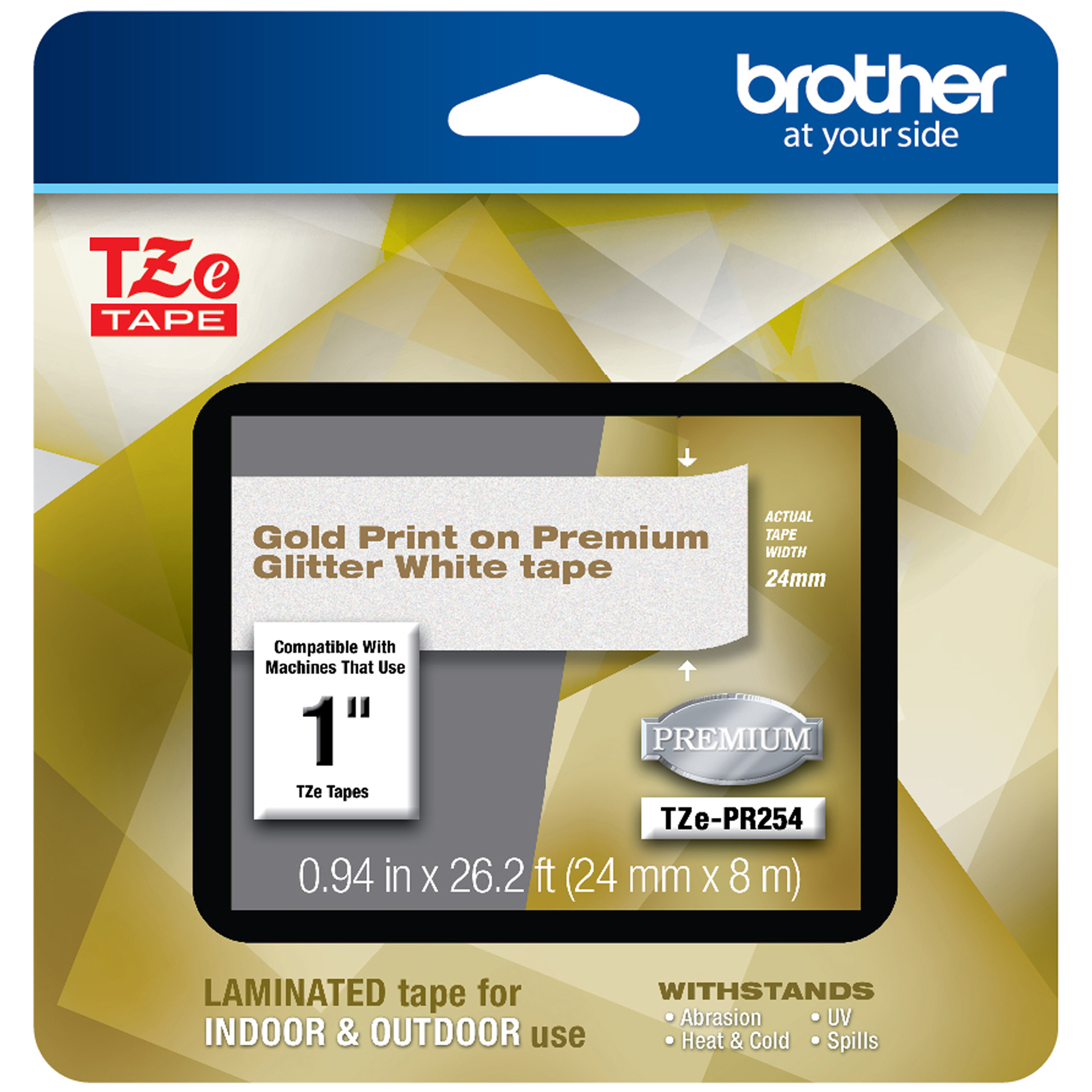  Brother TZEPR254 TZe Premium Laminated Tape, 0.94 x 26.2 ft, Gold on White (BRTTZEPR254) 
