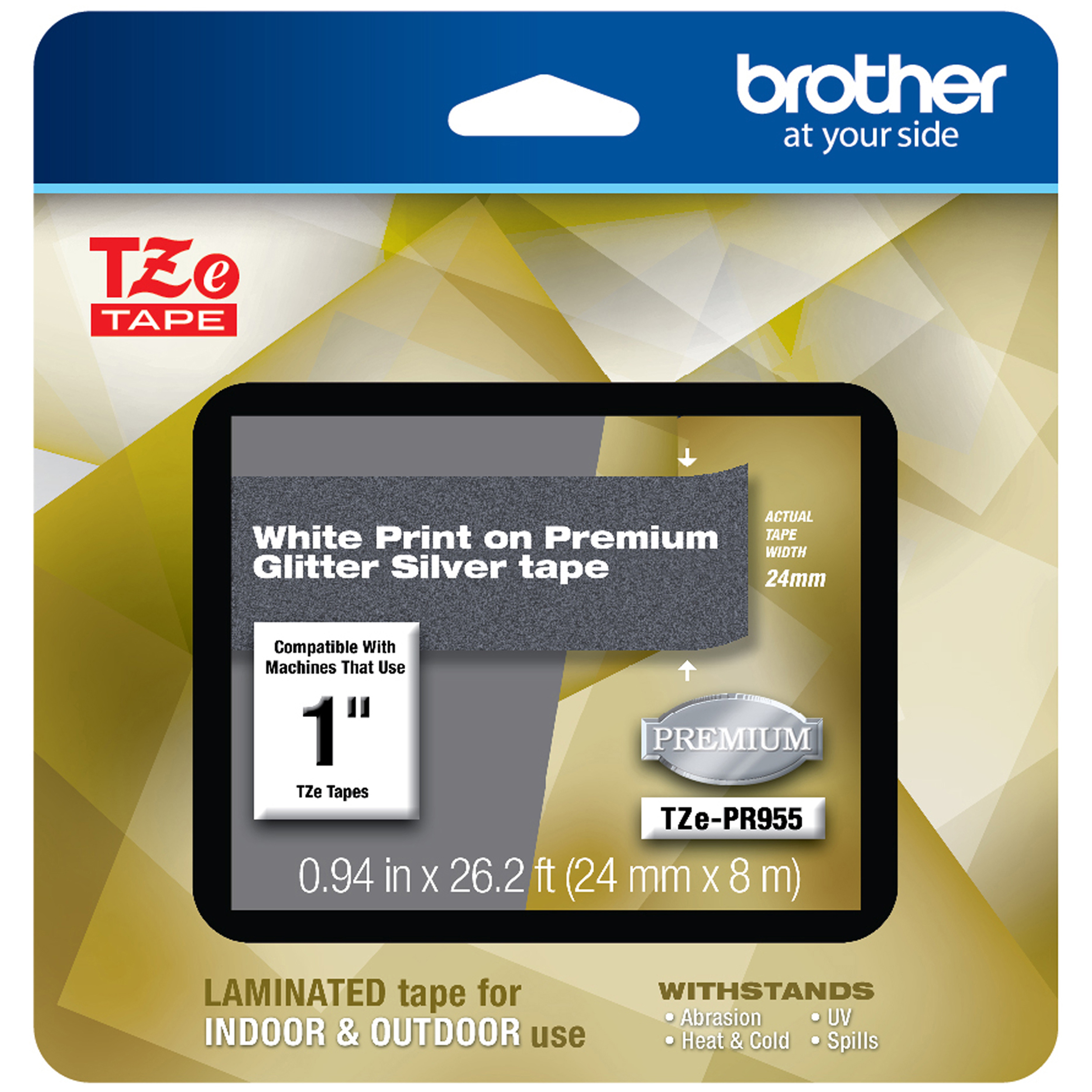  Brother TZEPR955 TZe Premium Laminated Tape, 0.94 x 26.2 ft, White on Silver (BRTTZEPR955) 