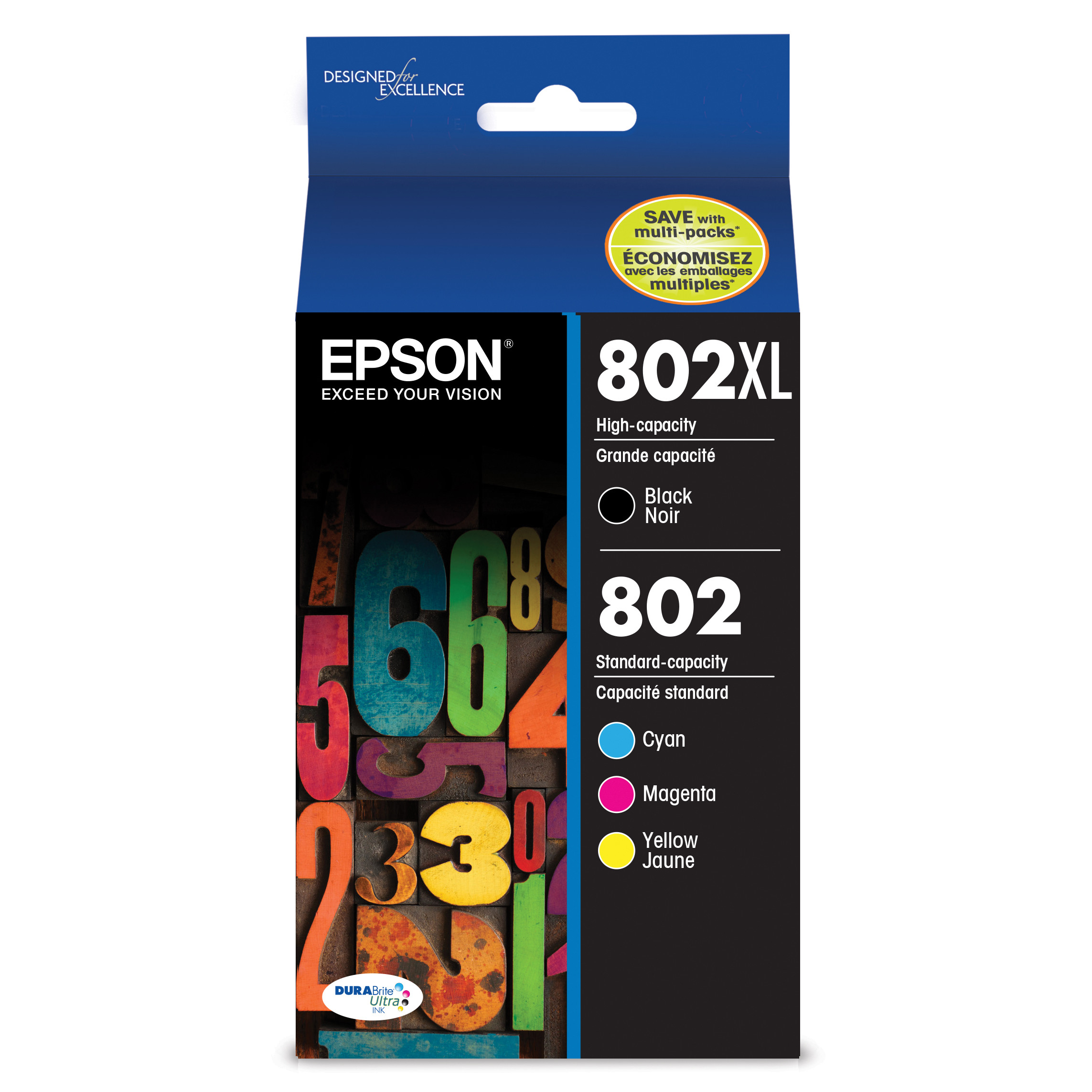  Epson T802XL-BCS T802XLBCS (802)(802XL) DURABrite Ultra High-Yield Ink, Cyan/Magenta/Yellow/Black (EPST802XLBCS) 