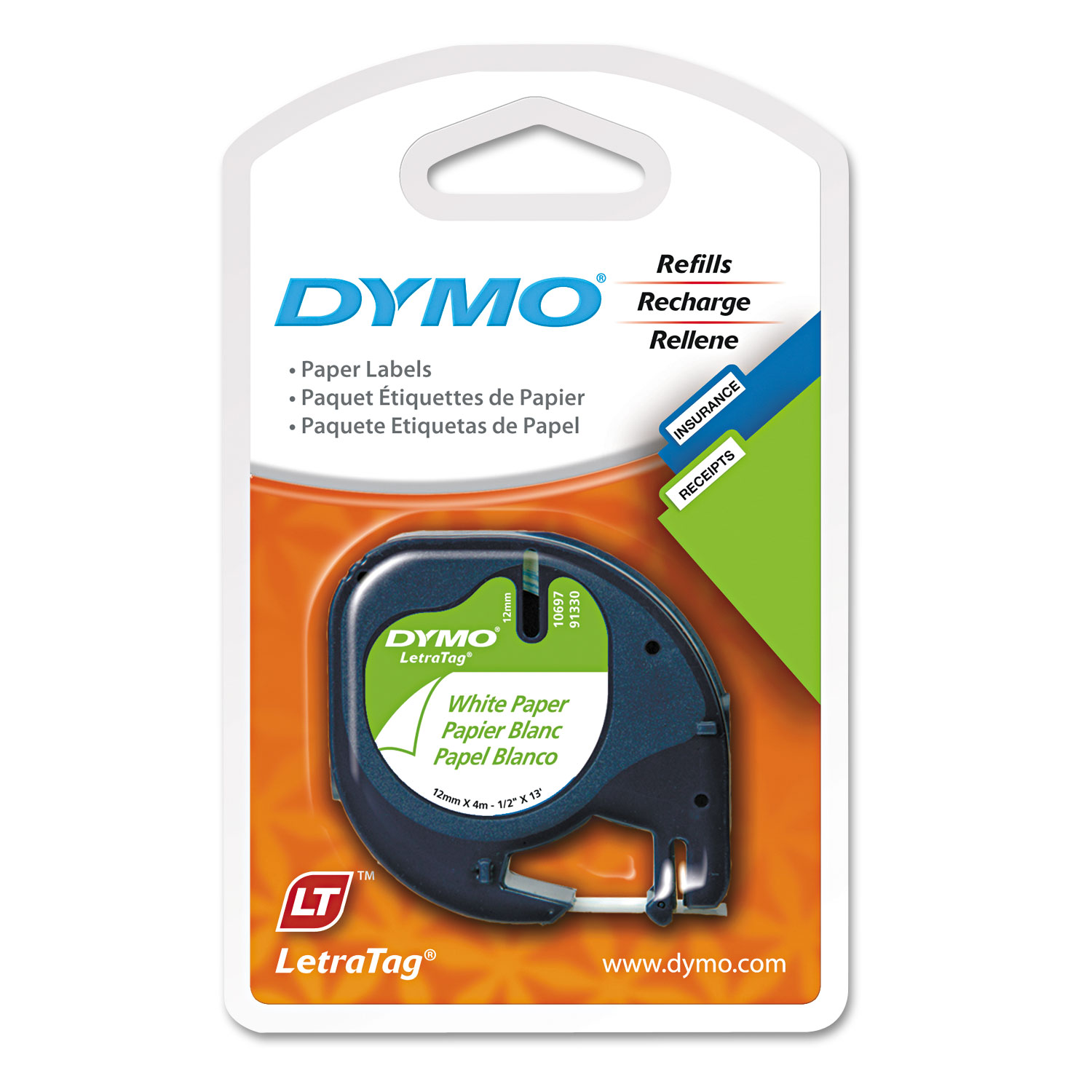  DYMO 10697 LetraTag Paper Label Tape Cassettes, 0.5 x 13 ft, White, 2/Pack (DYM10697) 
