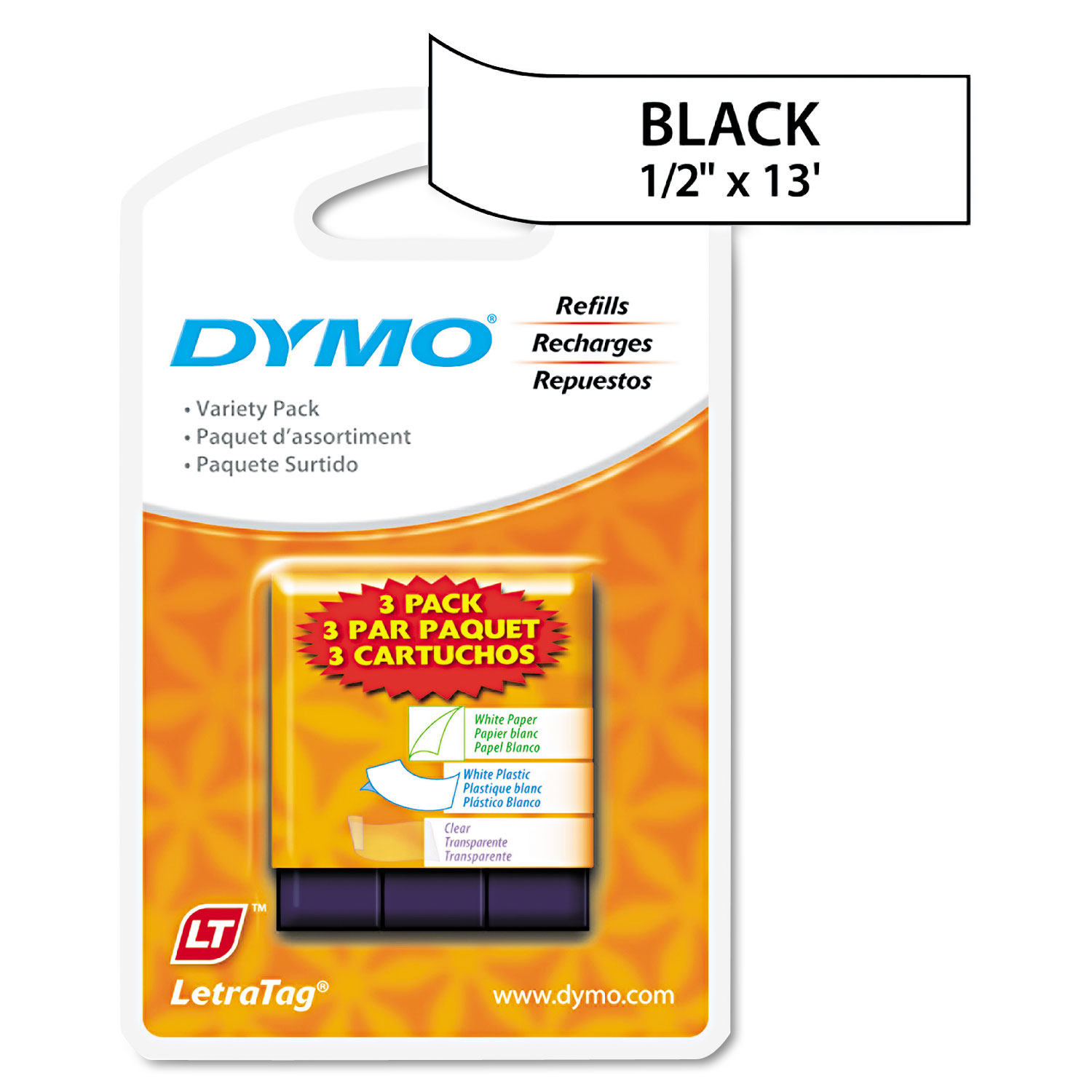  DYMO 12331 LetraTag Paper/Plastic Label Tape Value Pack, 0.5 x 13 ft, Assorted, 3/Pack (DYM12331) 