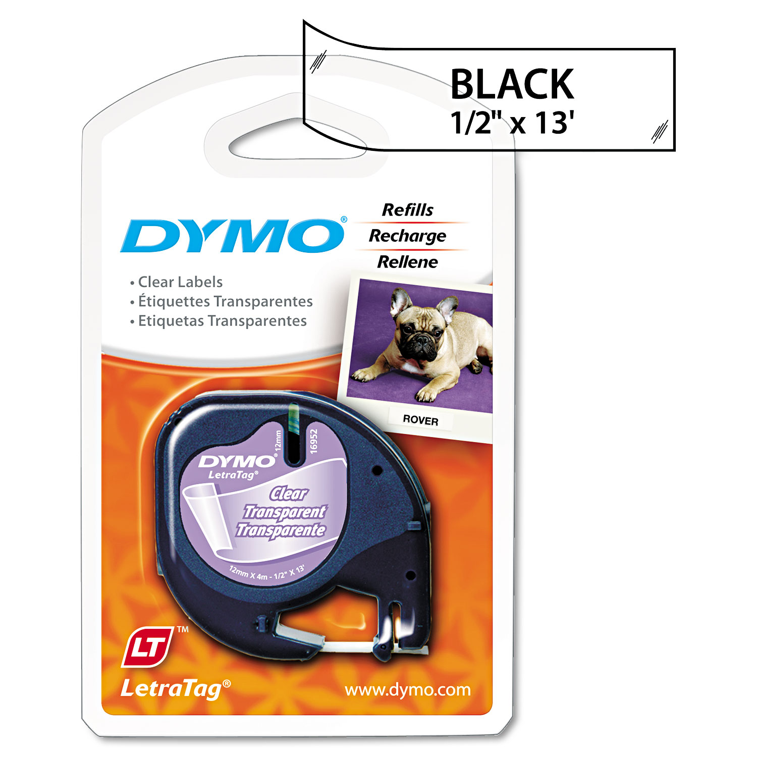  DYMO 16952 LetraTag Plastic Label Tape Cassette, 0.5 x 13 ft, Clear (DYM16952) 