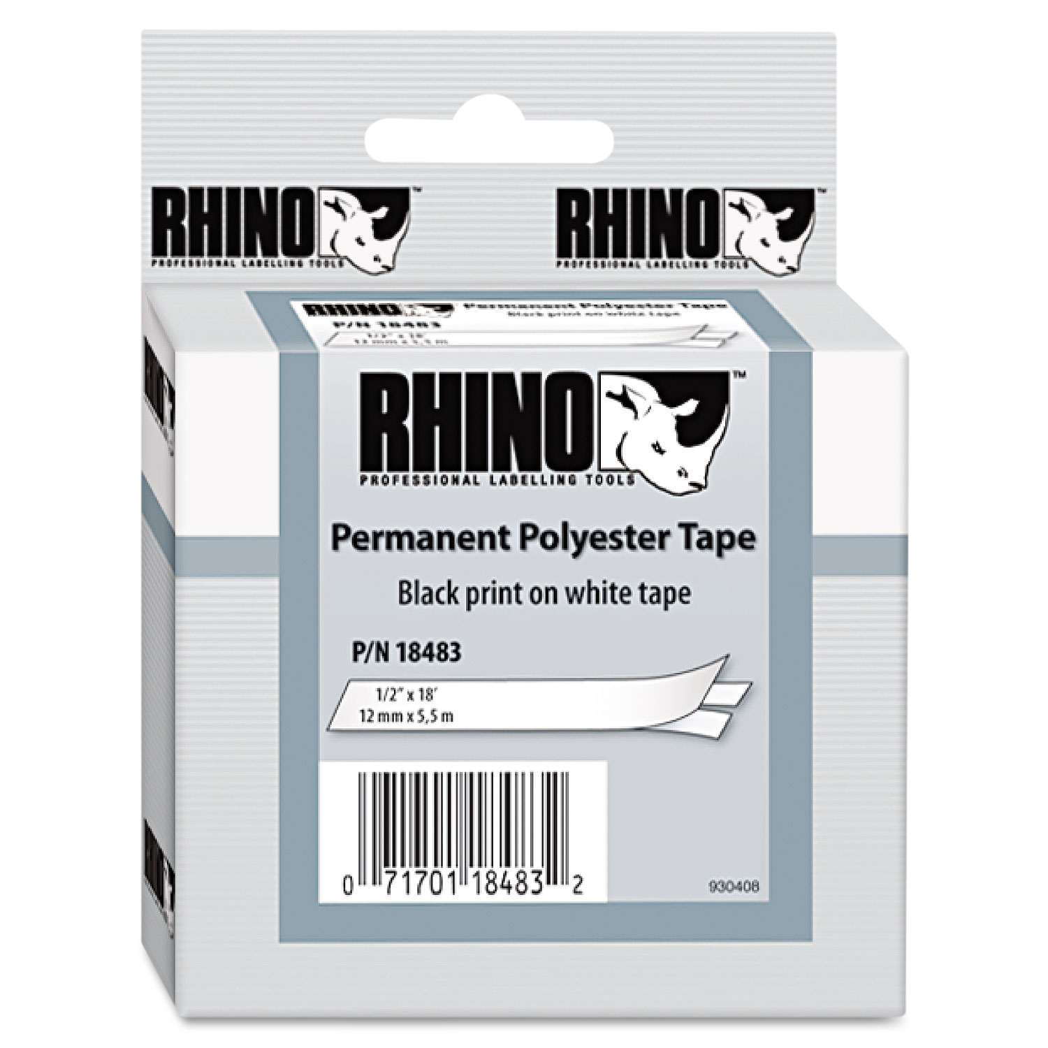 Rhino Permanent Poly Industrial Label Tape, 1/2 x 18 ft, White/Black Print