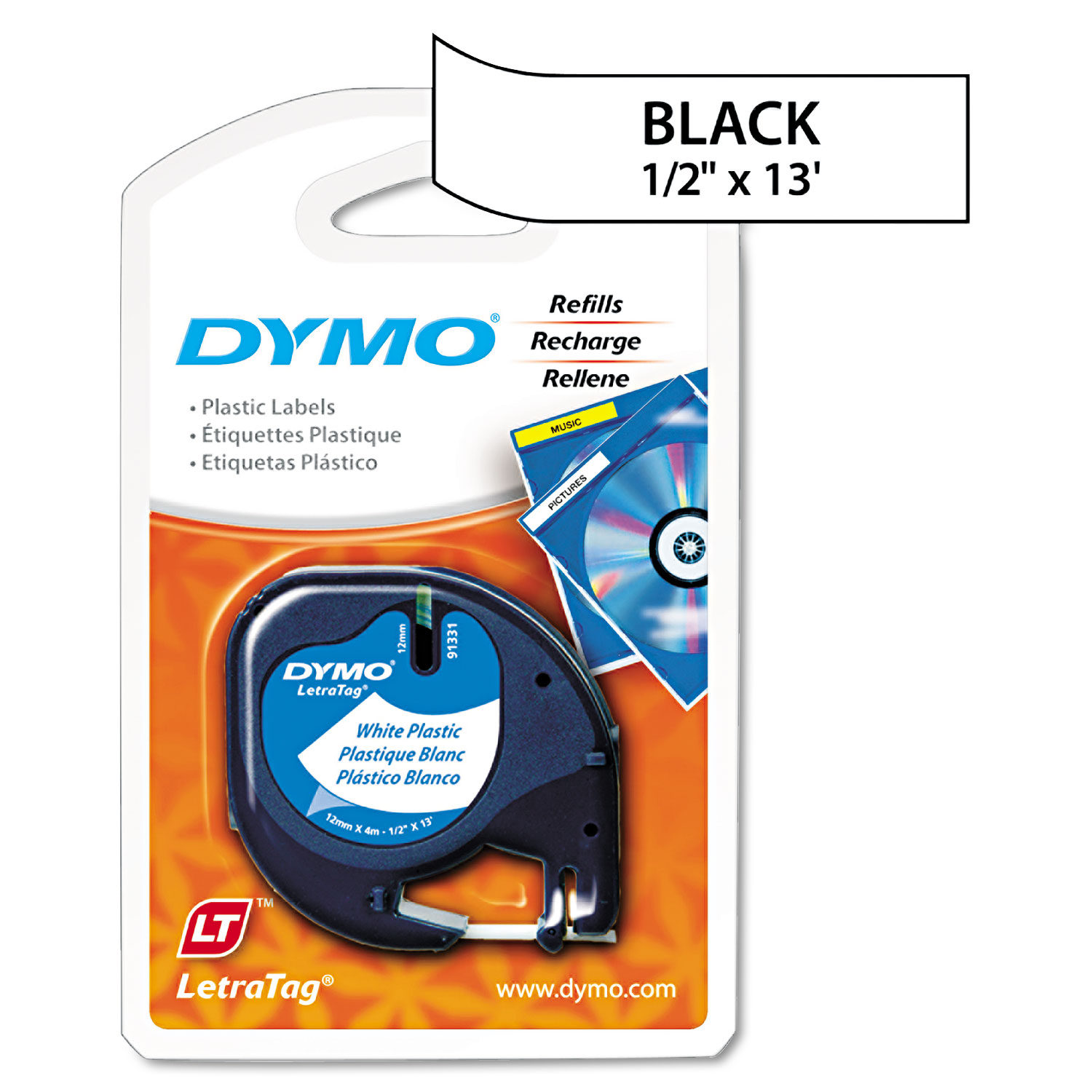  DYMO 91331 LetraTag Plastic Label Tape Cassette, 0.5 x 13 ft, White (DYM91331) 