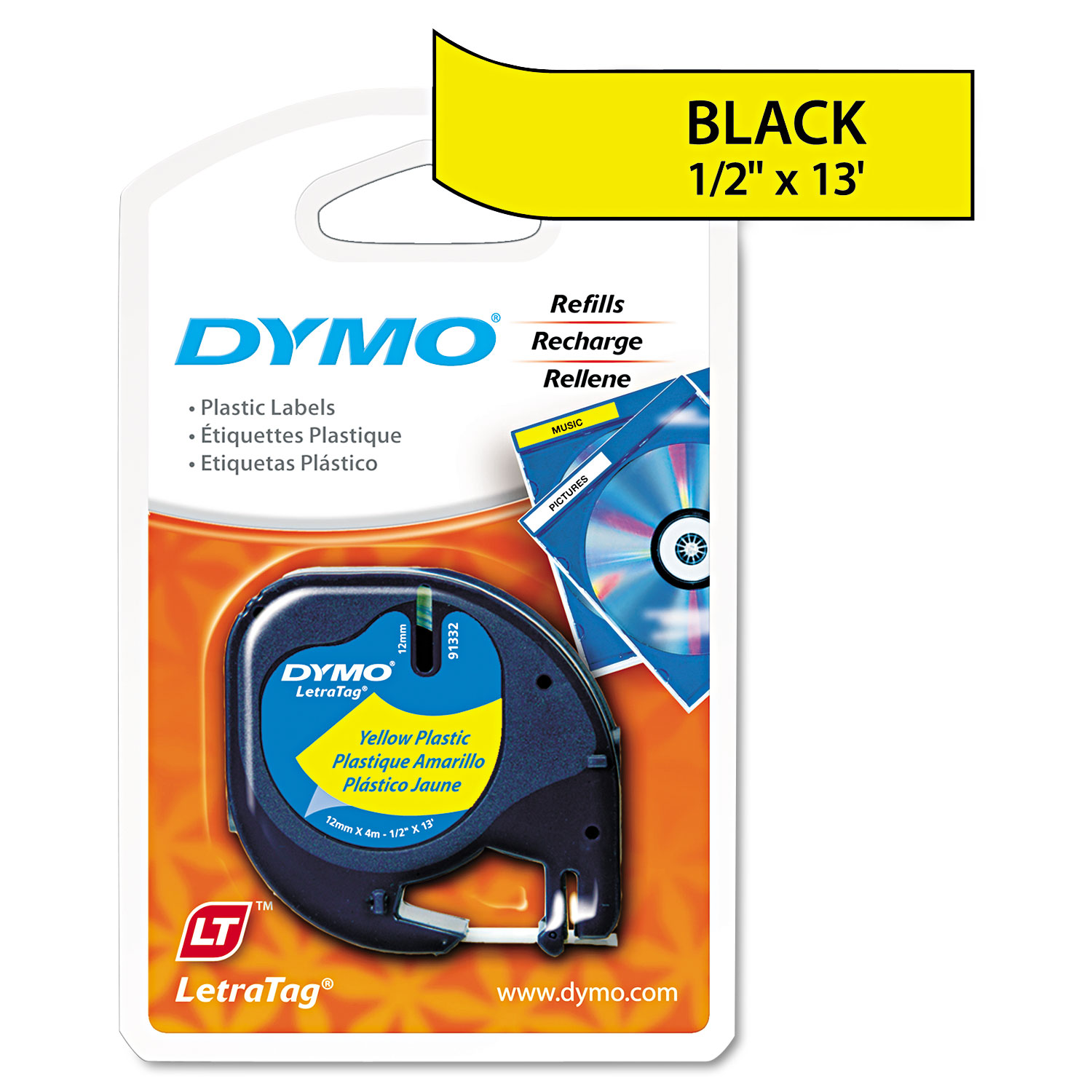  DYMO 91332 LetraTag Plastic Label Tape Cassette, 0.5 x 13 ft, Yellow (DYM91332) 