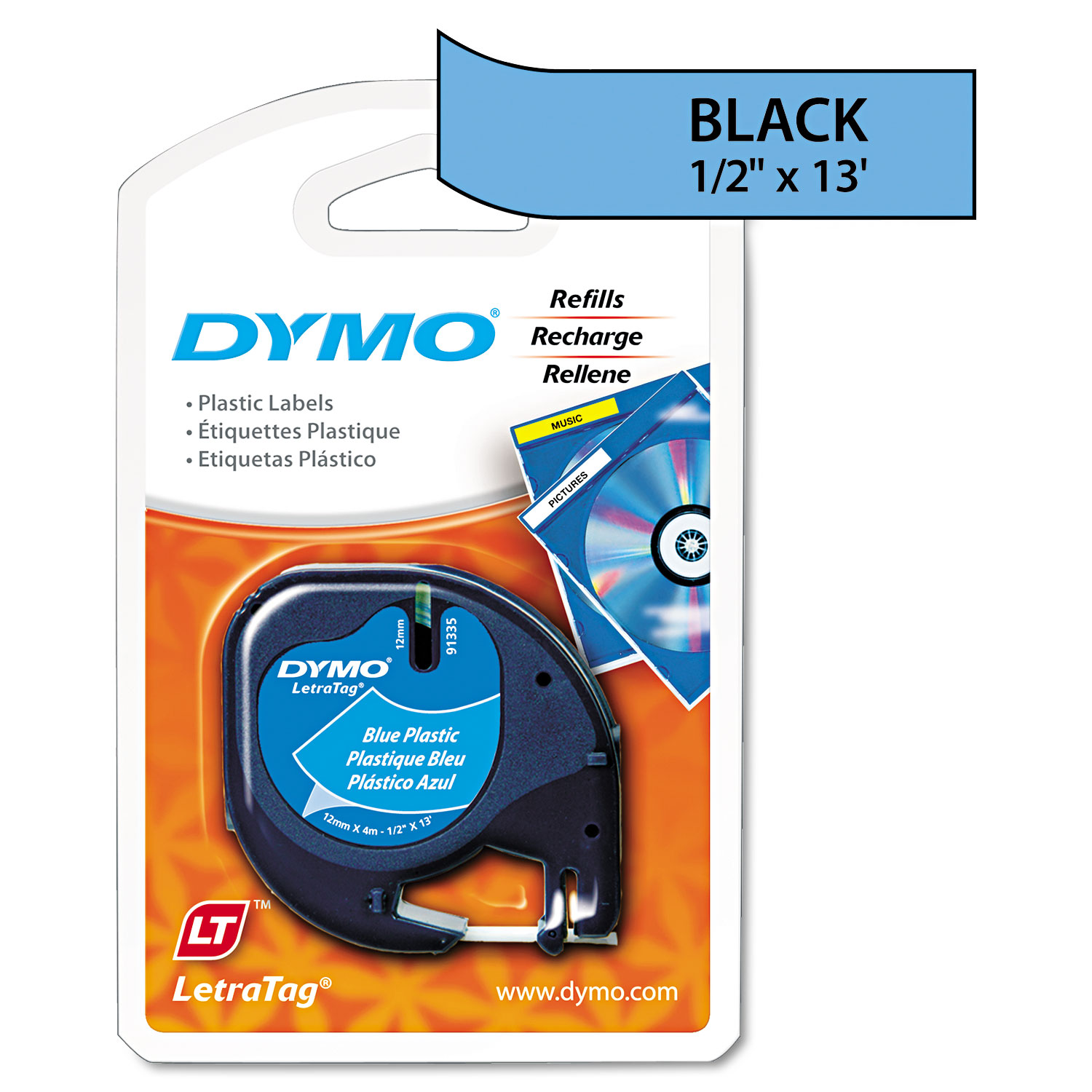  DYMO 91335 LetraTag Plastic Label Tape Cassette, 0.5 x 13 ft, Blue (DYM91335) 