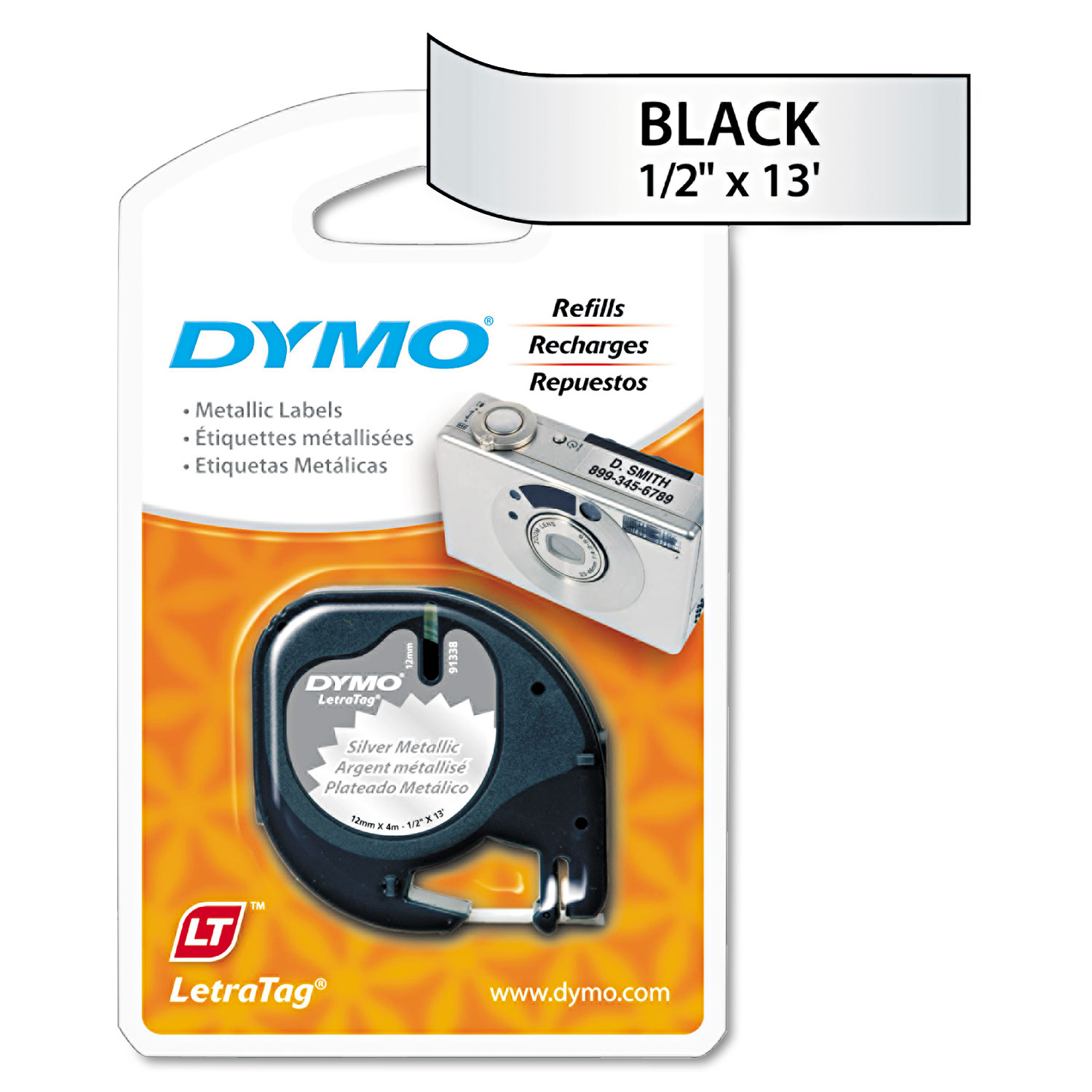  DYMO 91338 LetraTag Metallic Label Tape Cassette, 0.5 x 13 ft, Silver (DYM91338) 