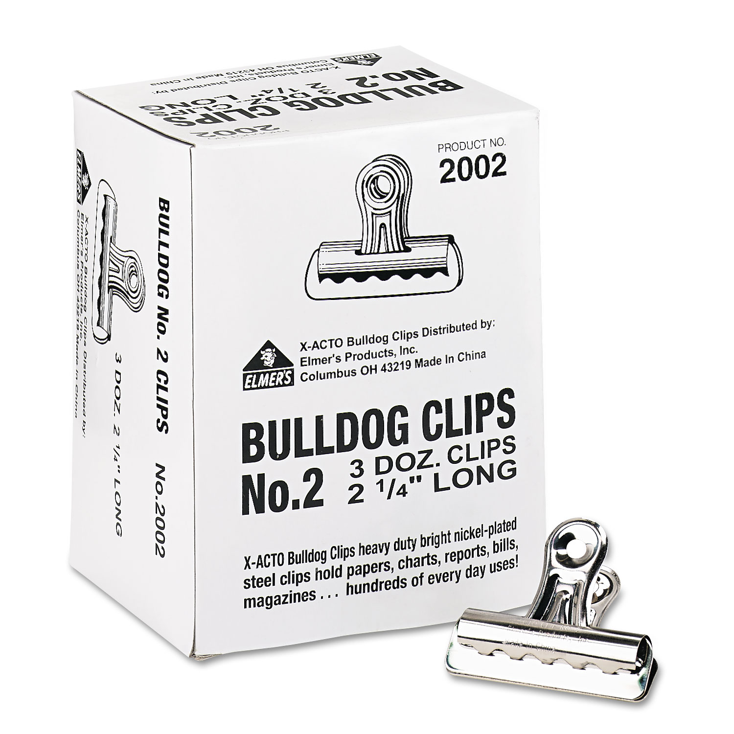 Bulldog Clips, Steel, 1/2 Capacity, 2-1/4w, Nickel-Plated, 36/Box