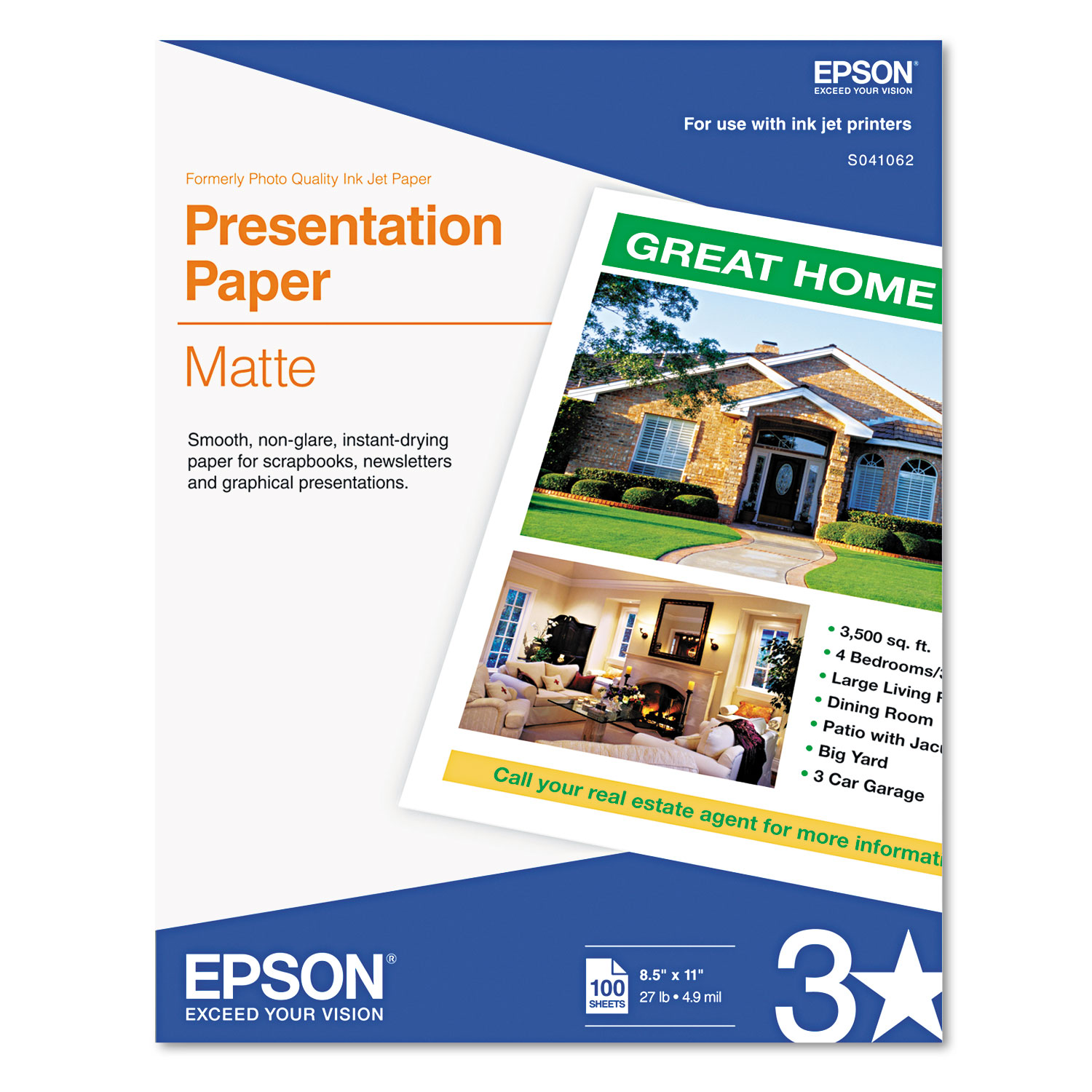  Epson S041062 Matte Presentation Paper, 4.9 mil, 8.5 x 11, Matte Bright White, 100/Pack (EPSS041062) 