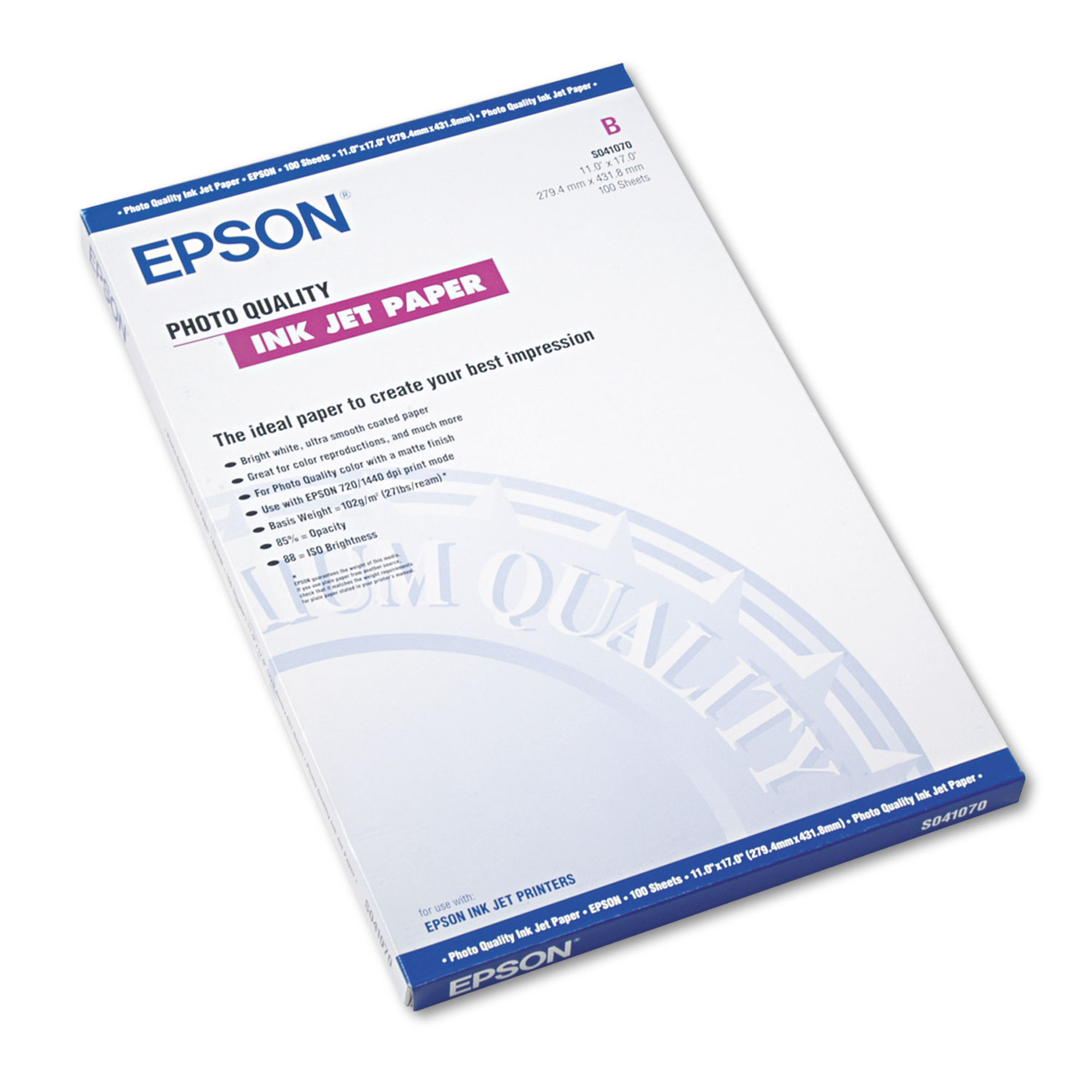  Epson S041070 Matte Presentation Paper, 4.9 mil, 11 x 17, Matte Bright White, 100/Pack (EPSS041070) 